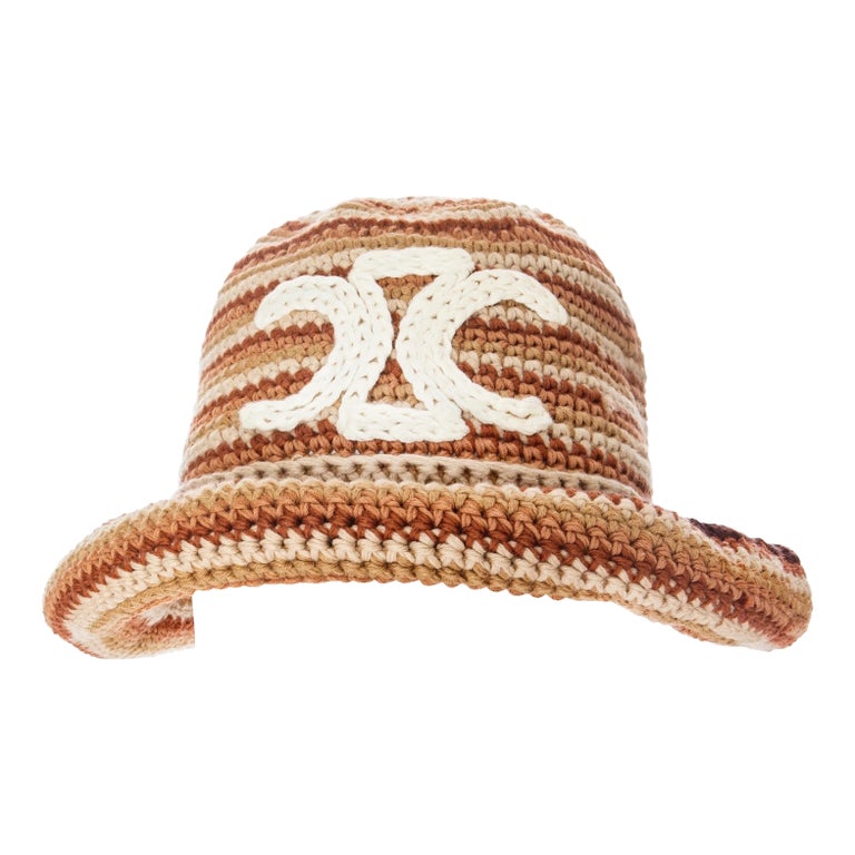 Celine Brown Striped Cotton Crochet Triomphe Bucket Hat at 