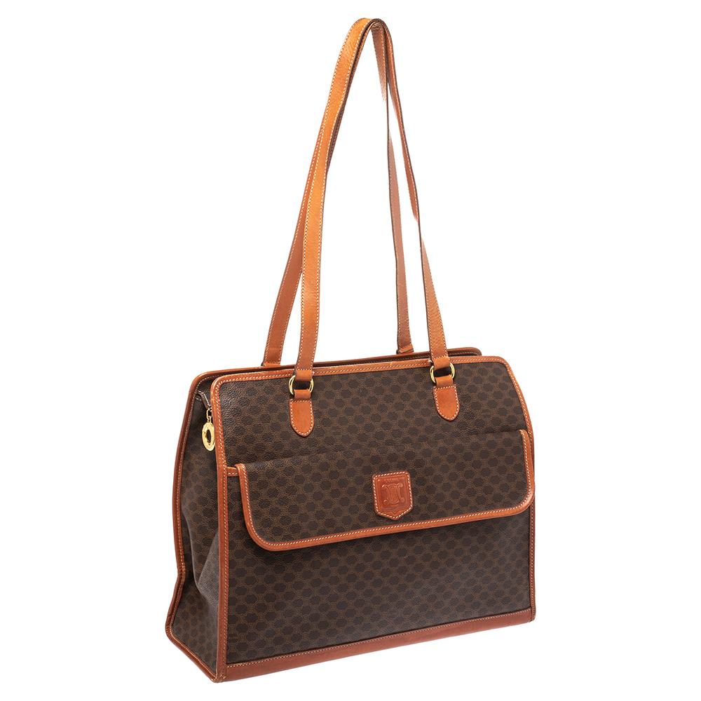 Black Celine Brown/Tan Macadam Coated Canvas and Leather Tote