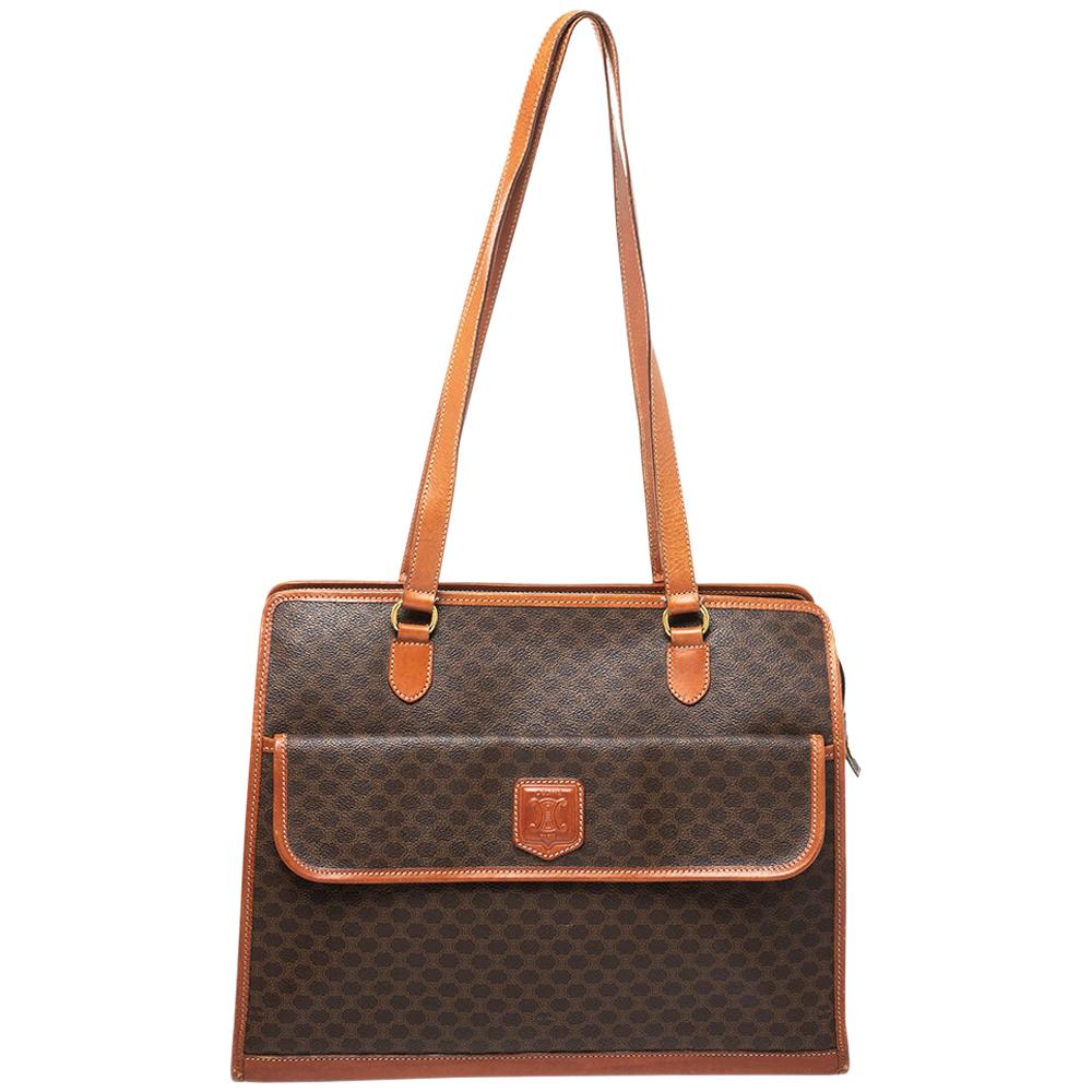 Celine Brown/Tan Macadam Coated Canvas and Leather Tote