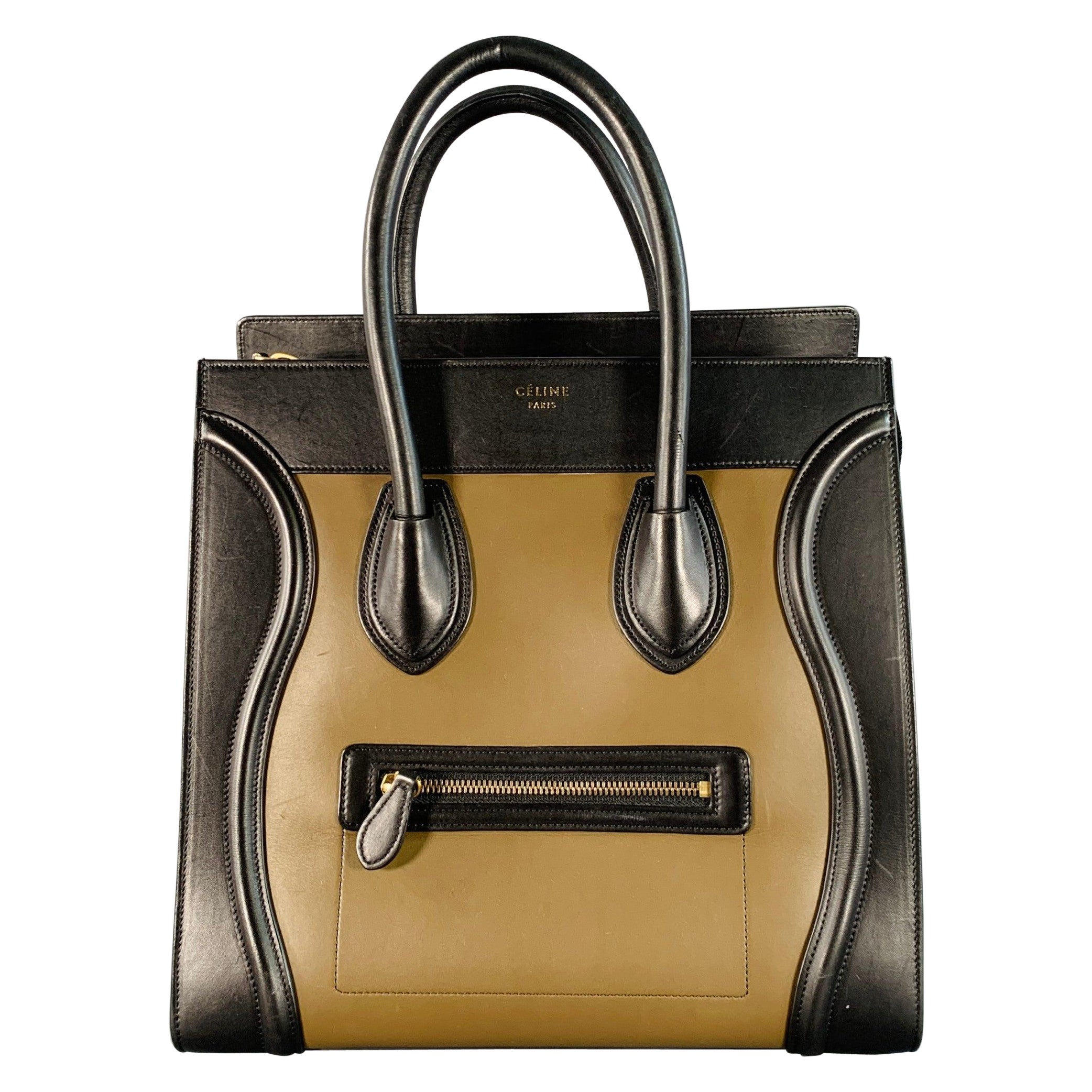 CELINE Brown Taupe Color Block Leather Tote Handbag For Sale