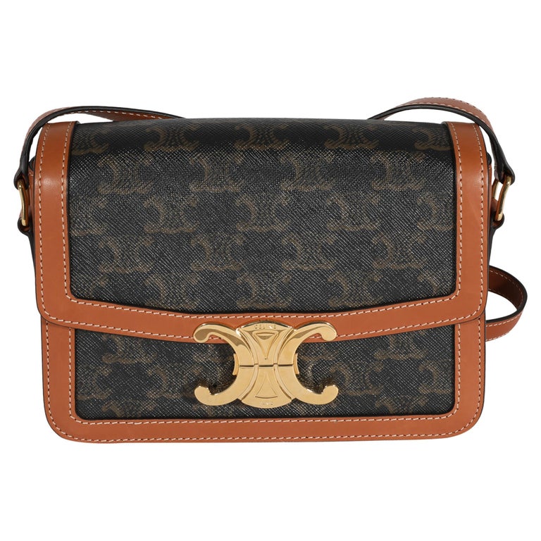 Celine Brown Triomphe Canvas and Calfskin Teen Triomphe Bag For Sale at