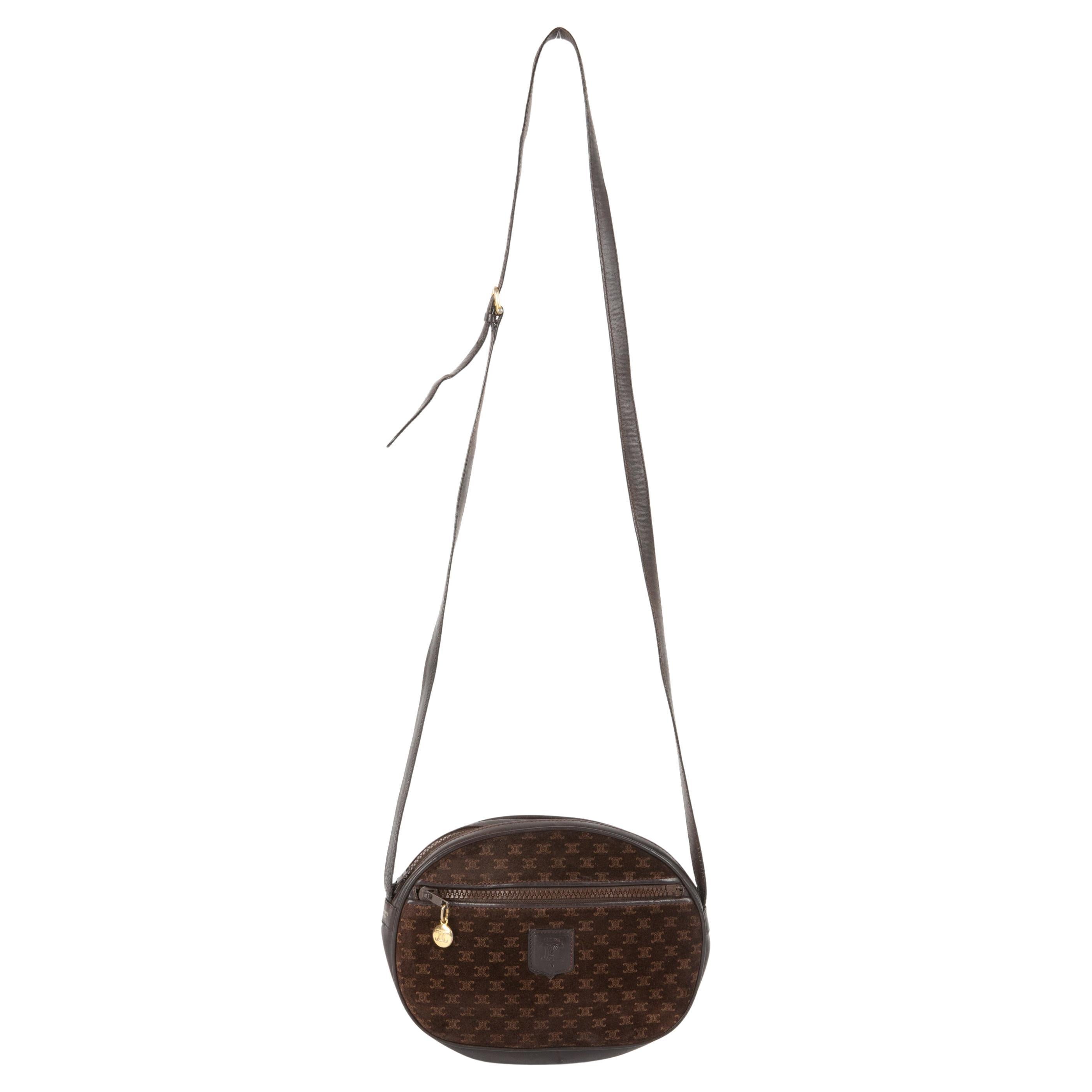 Celine Brown Triomphe Monogram Suede Shoulder Bag