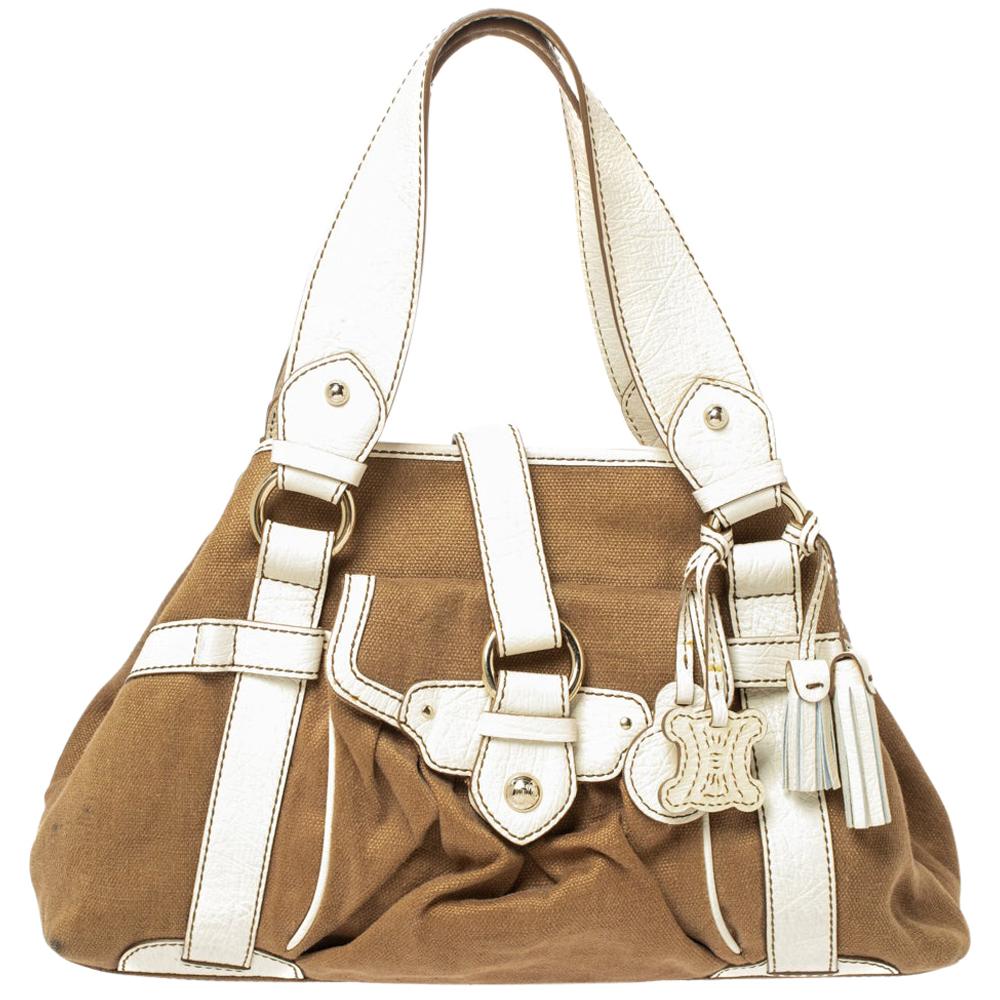 Celine Brown/White Canvas and Leather Boogie Tote
