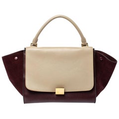 Celine Burgundy/Beige Leather and Suede Medium Trapeze Bag