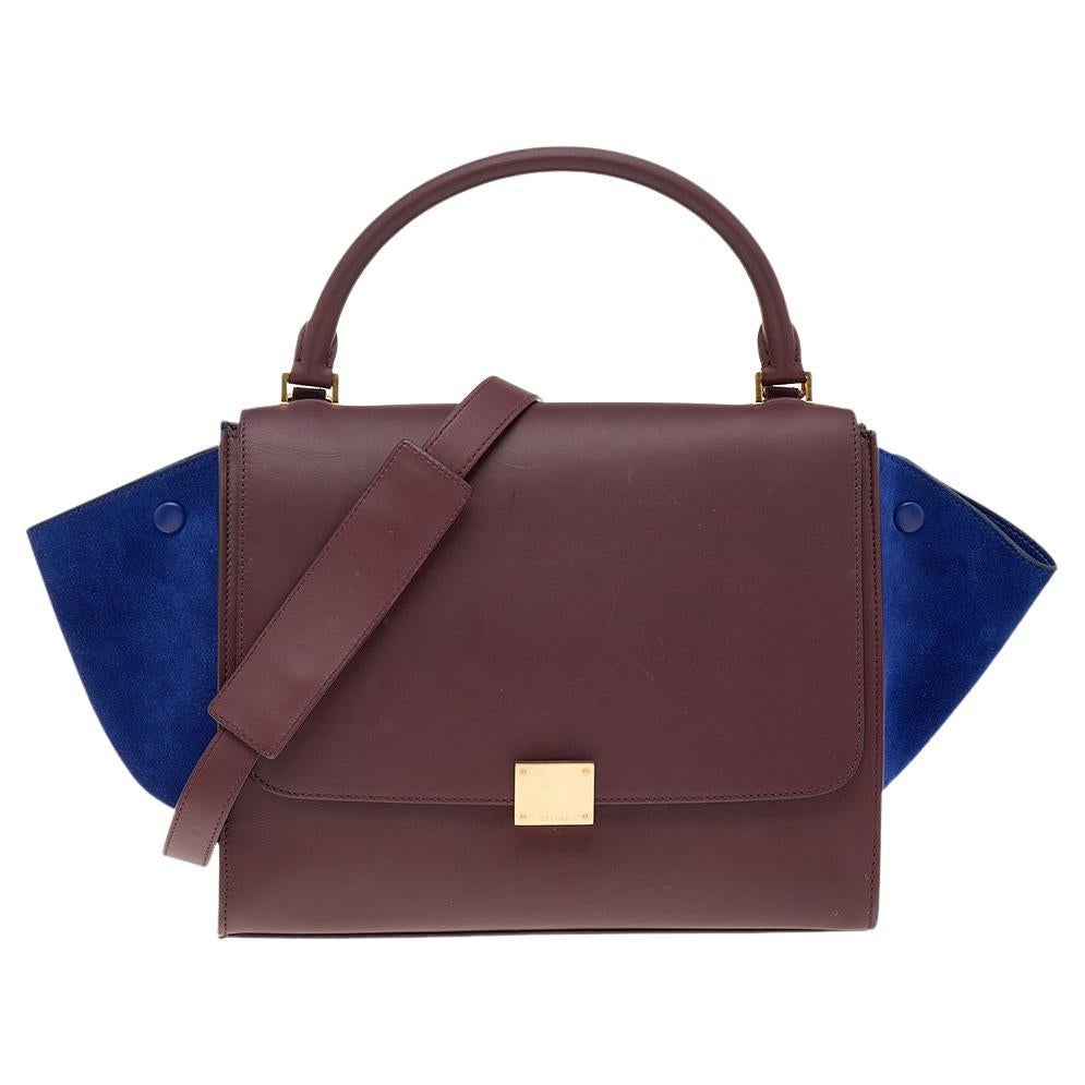 Celine Burgundy/Blue Leather And Suede Medium Trapeze Bag