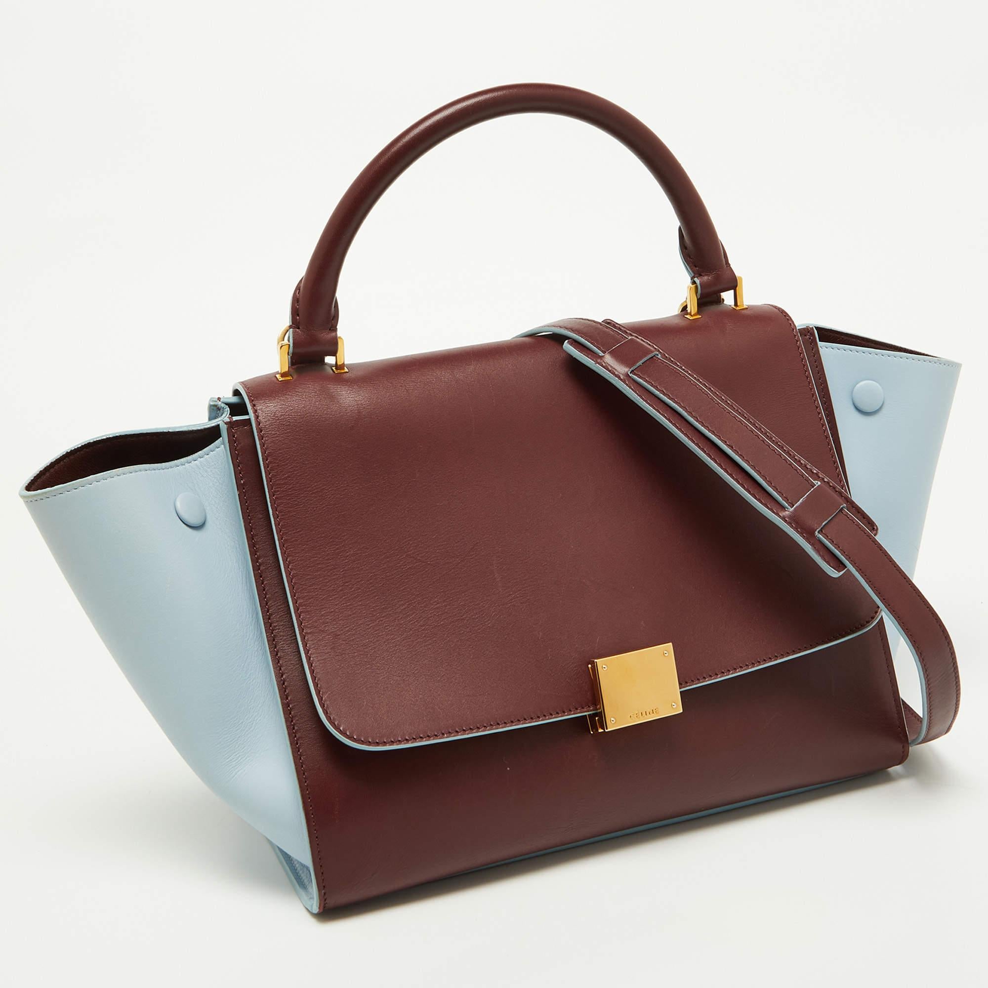 Brown Celine Burgundy/Blue Leather Small Trapeze Top Handle Bag For Sale
