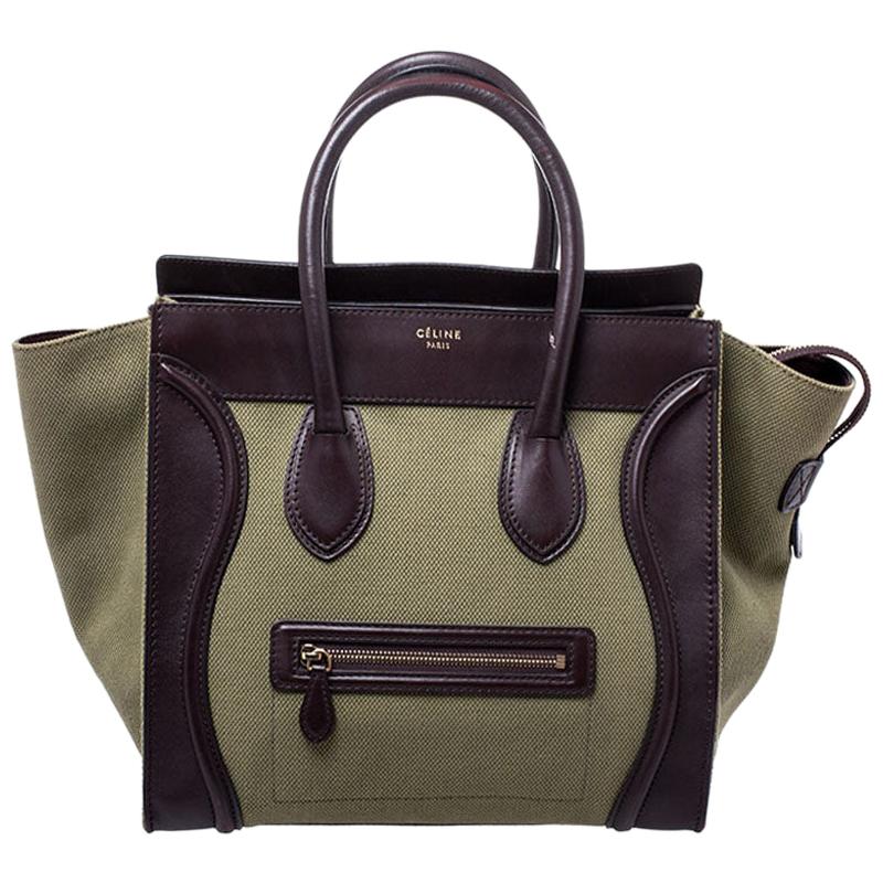 Celine Burgundy/Green Canvas and Leather Mini Luggage Tote at 1stDibs