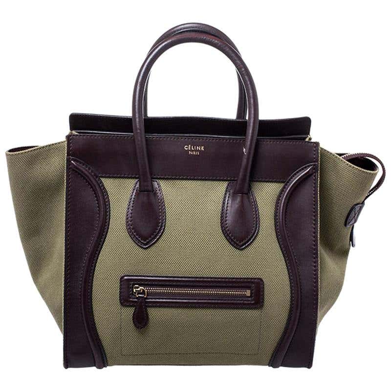Celine Burgundy/Green Canvas and Leather Mini Luggage Tote at 1stDibs