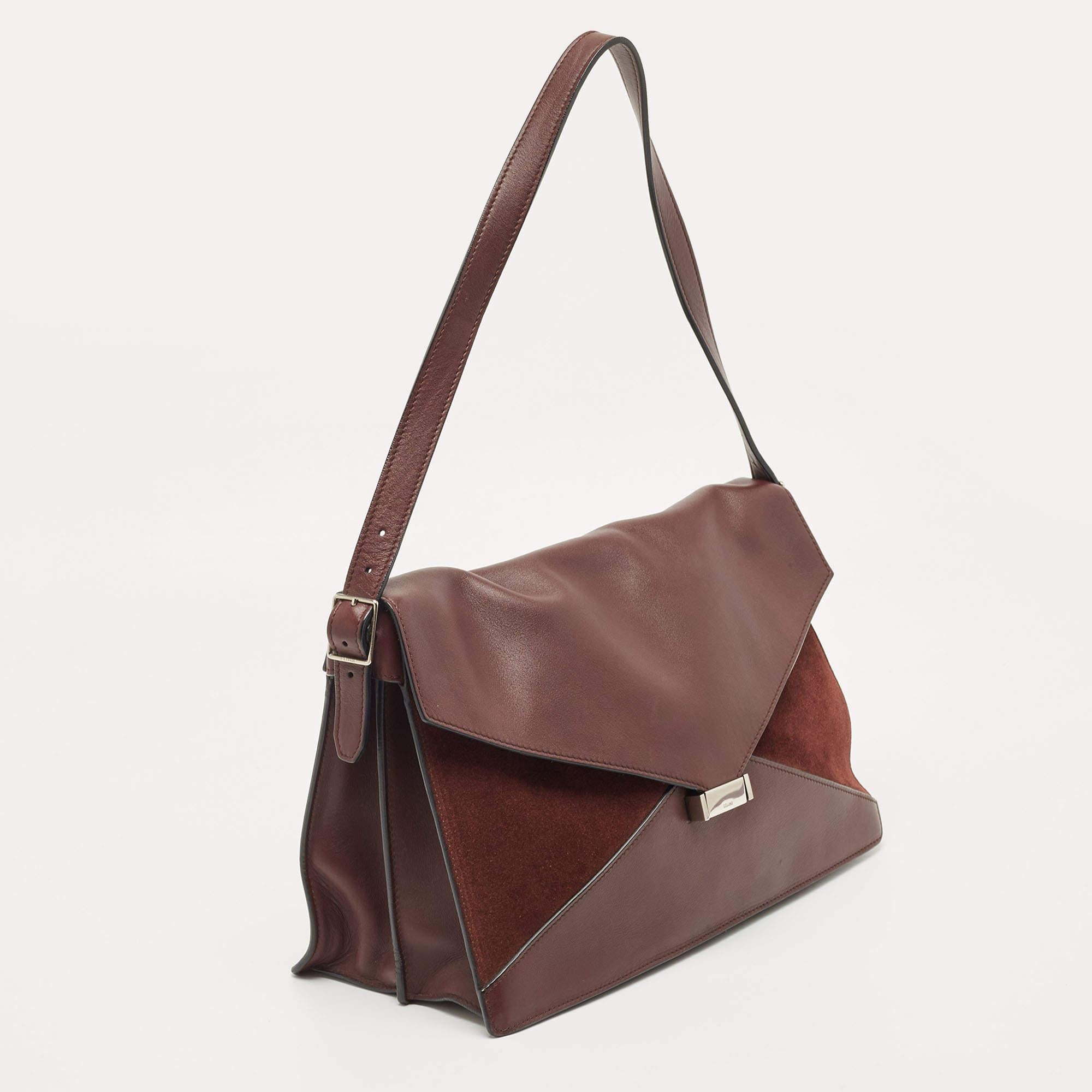 Celine Burgundy Leather and Suede Medium Diamond Shoulder Bag In Good Condition In Dubai, Al Qouz 2