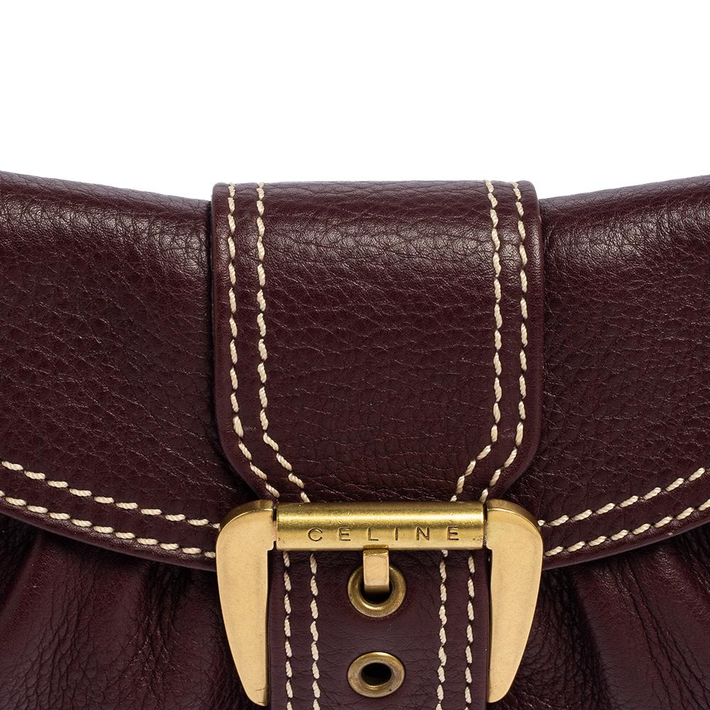 Women's Celine Burgundy Leather Small Buckle Flap Baguette
