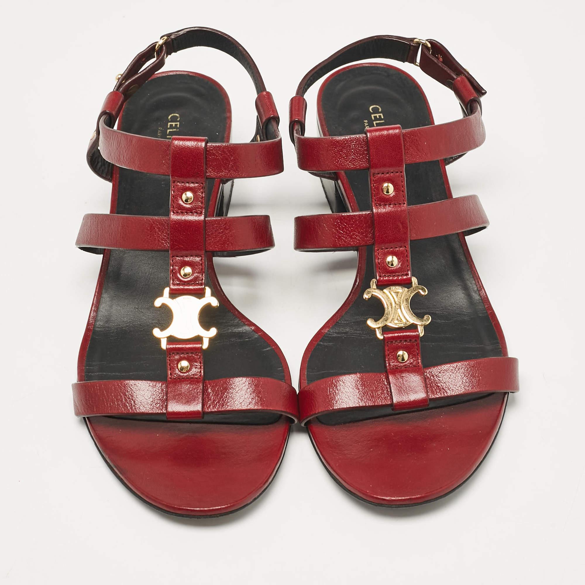 Brown Celine Burgundy Leather Triomphe Ankle Strap Sandals Size 38