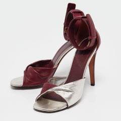 Celine Burgunderfarbene/Silberfarbene Ledersandalen mit Knöchelriemen Größe 38