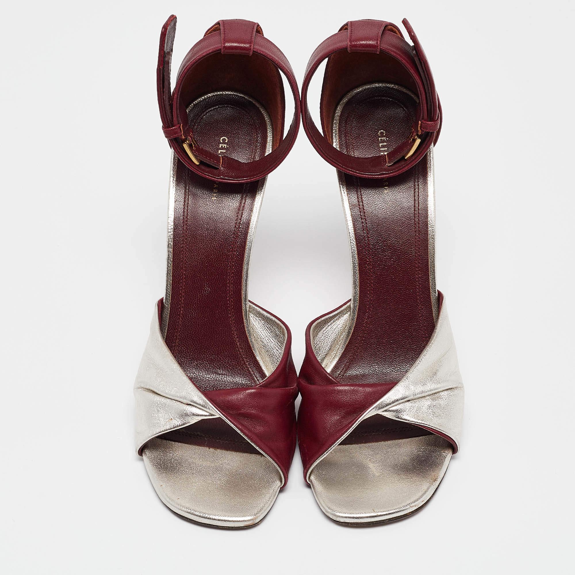 Brown Celine Burgundy/Silver Leather Ankle Strap Sandals Size 38 For Sale