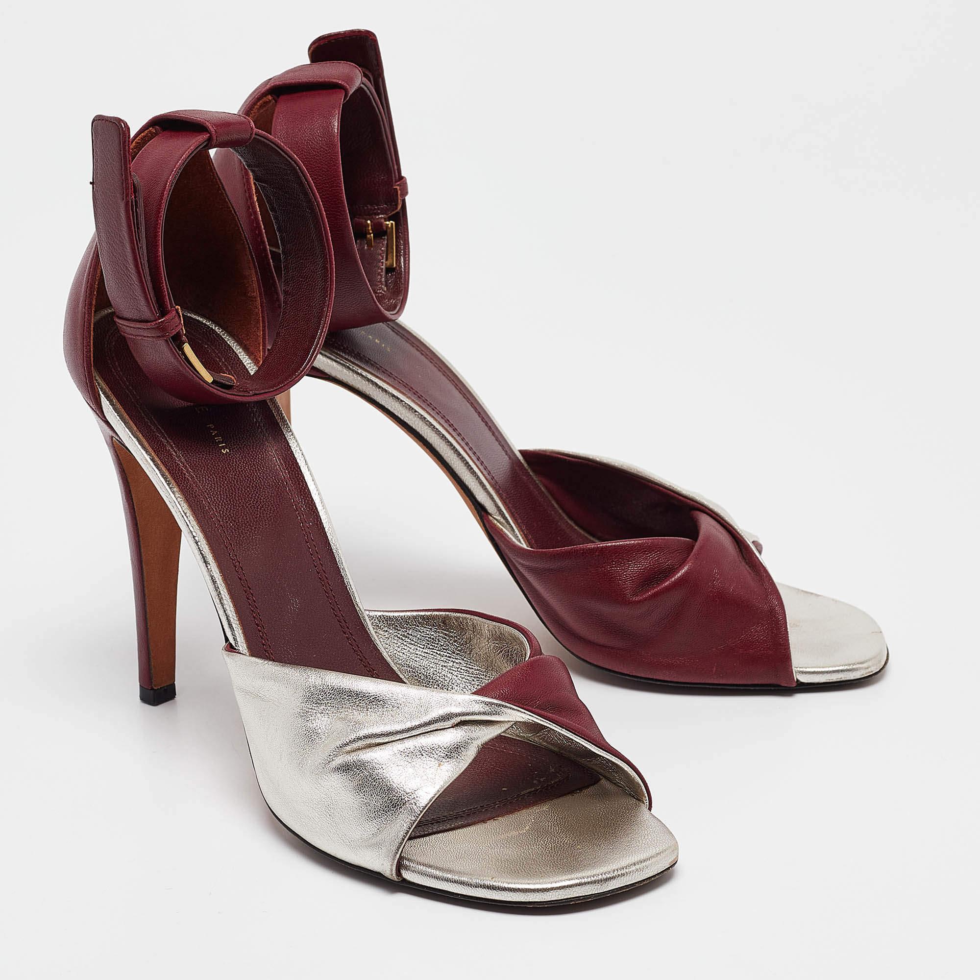 Celine Burgundy/Silver Leather Ankle Strap Sandals Size 38 In Fair Condition For Sale In Dubai, Al Qouz 2