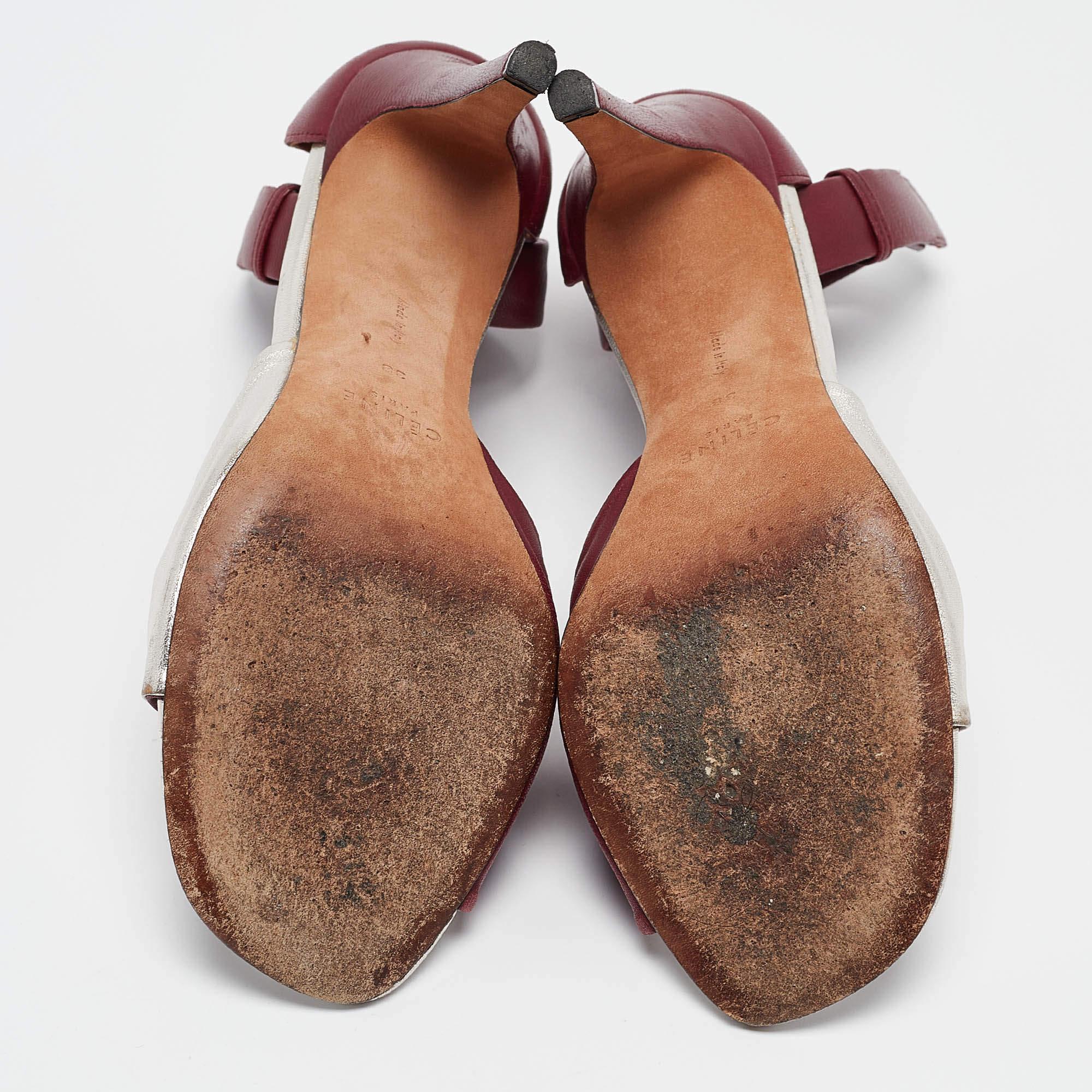 Celine Burgundy/Silver Leather Ankle Strap Sandals Size 38 For Sale 1