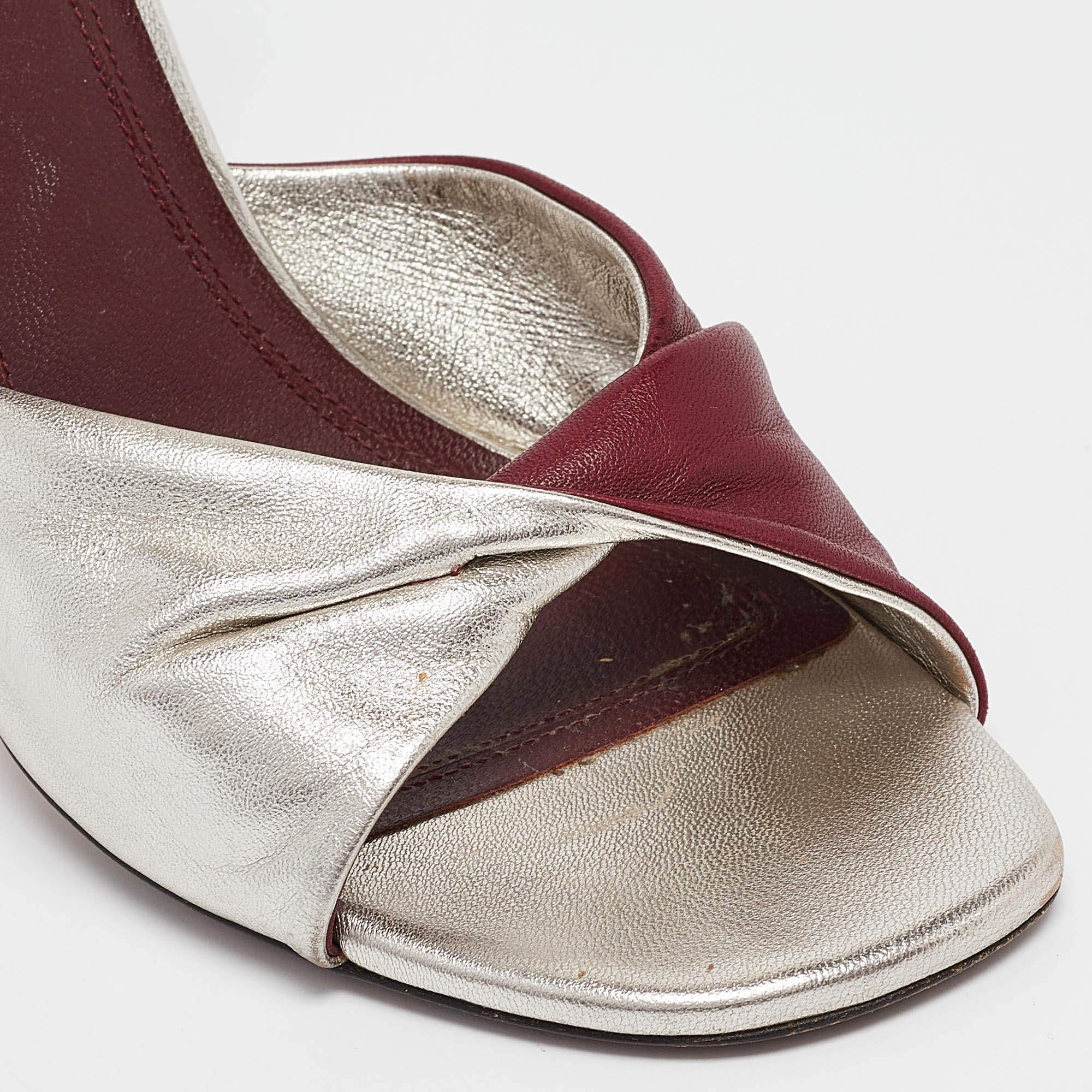 Celine Burgundy/Silver Leather Ankle Strap Sandals Size 38 For Sale 2