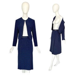 Céline by Céline Vipiana Wool Navy Blue/White Patterned Two Piece Skirt Suit
