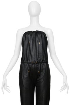 Celine By Hedi Slimane Black Leather Strapless Jumpsuit With Gold Detailing 2021