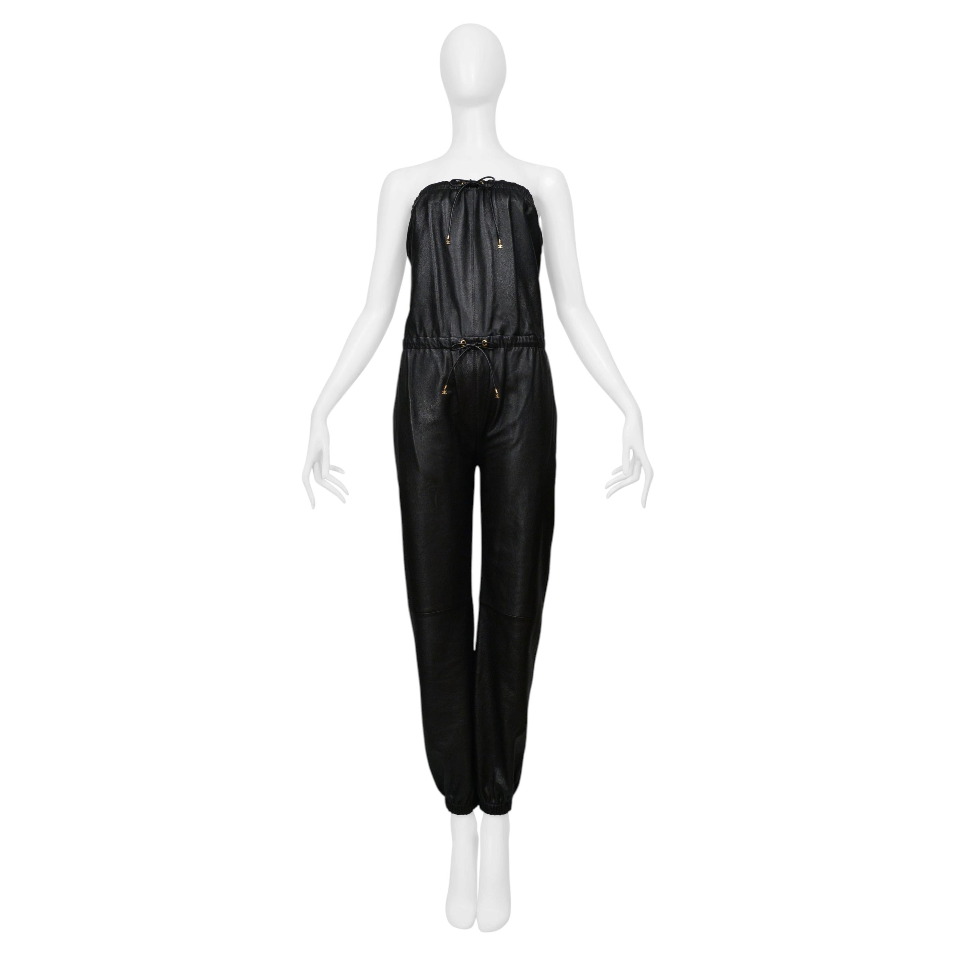 Celine By Hedi Slimane Black Leather Strapless Jumpsuit With Gold Detailing 2021