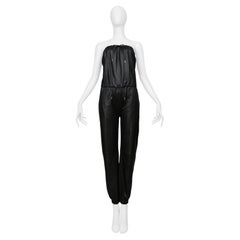 Celine By Hedi Slimane Black Leather Strapless Jumpsuit With Gold Detailing 2021