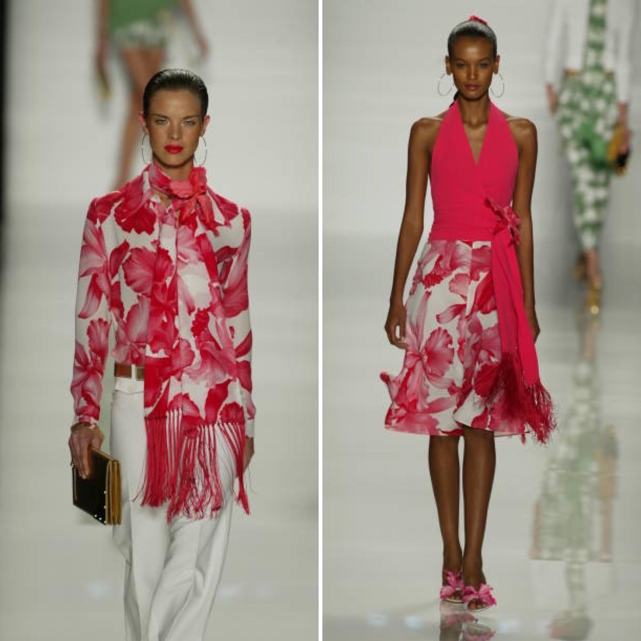 Michael Kors for Celine
Vintage
Runway
SS04
2 piece skirt set 
Can tie MANY ways
100% silk
White and Pink hibiscus flowers
Side zip on skirt
Size F40
Great vintage condition, minor feeling of wear
Measurements in inches laying flat:
Scarf: length