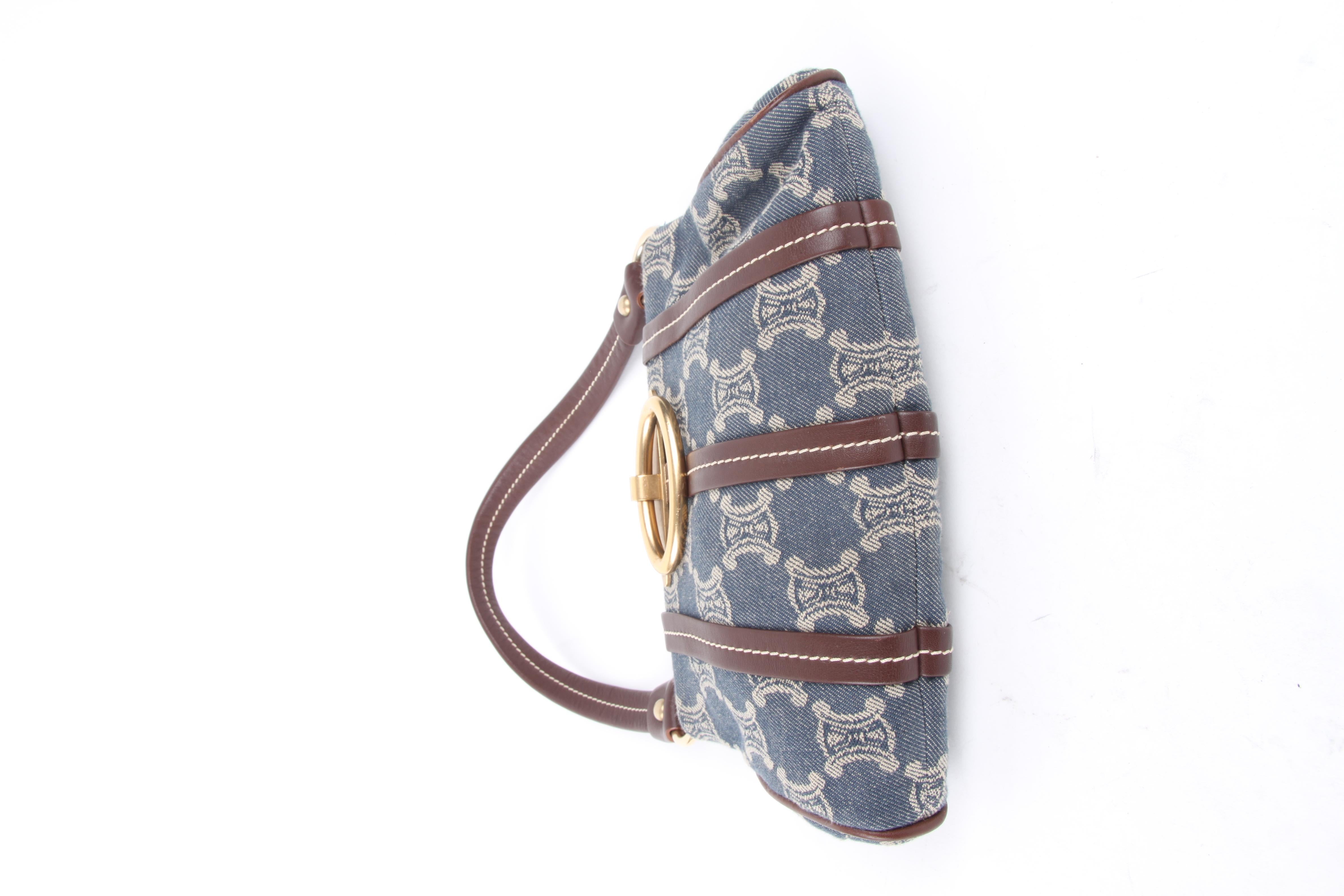 Gray Céline by Michael Kors Blue Cotton Brown Leather Monogram Logo Shoulder Bag