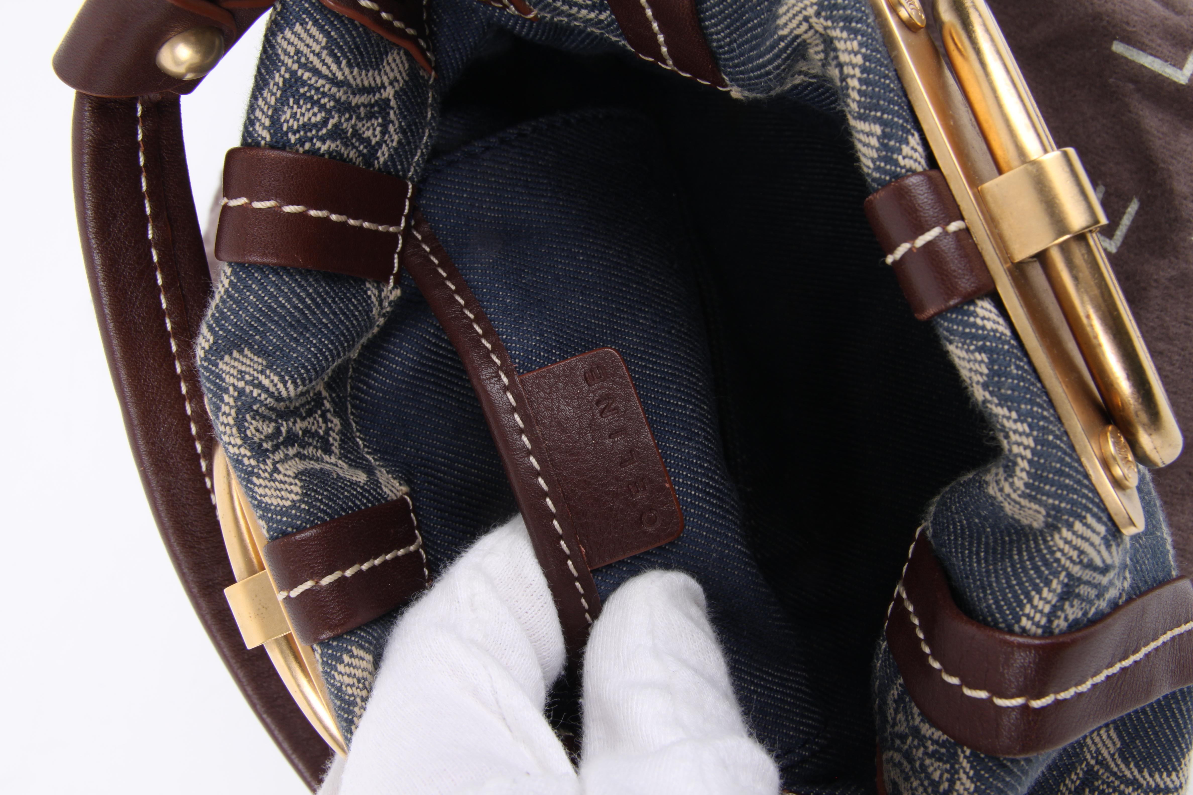Céline by Michael Kors Blue Cotton Brown Leather Monogram Logo Shoulder Bag In Excellent Condition In Baarn, NL