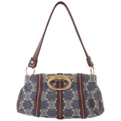 Céline by Michael Kors Blue Cotton Brown Leather Monogram Logo Shoulder Bag