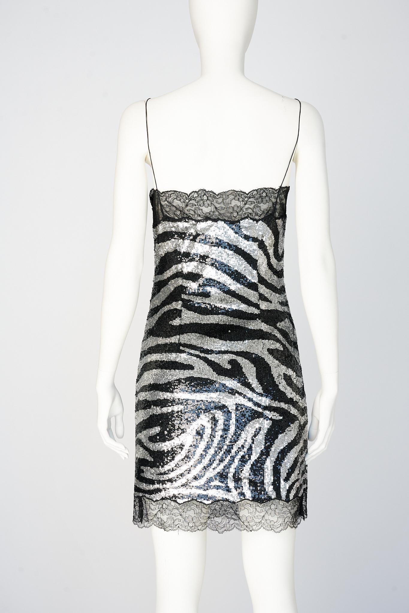 Celine By Michael Kors Runway Zebra Patterned Sequins & Lace Slip Dress, FW2003 For Sale 5