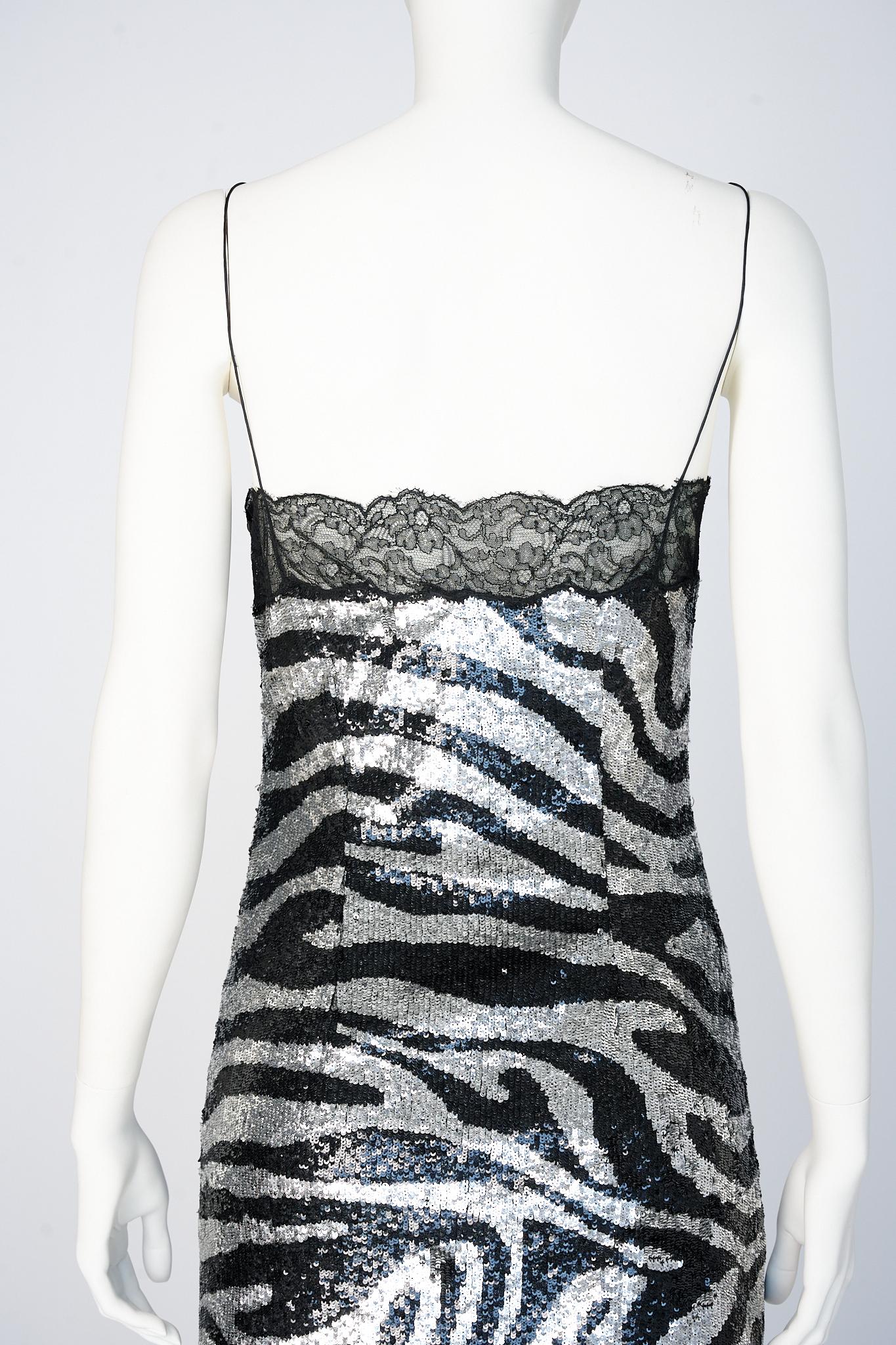 Celine By Michael Kors Runway Zebra Patterned Sequins & Lace Slip Dress, FW2003 For Sale 6