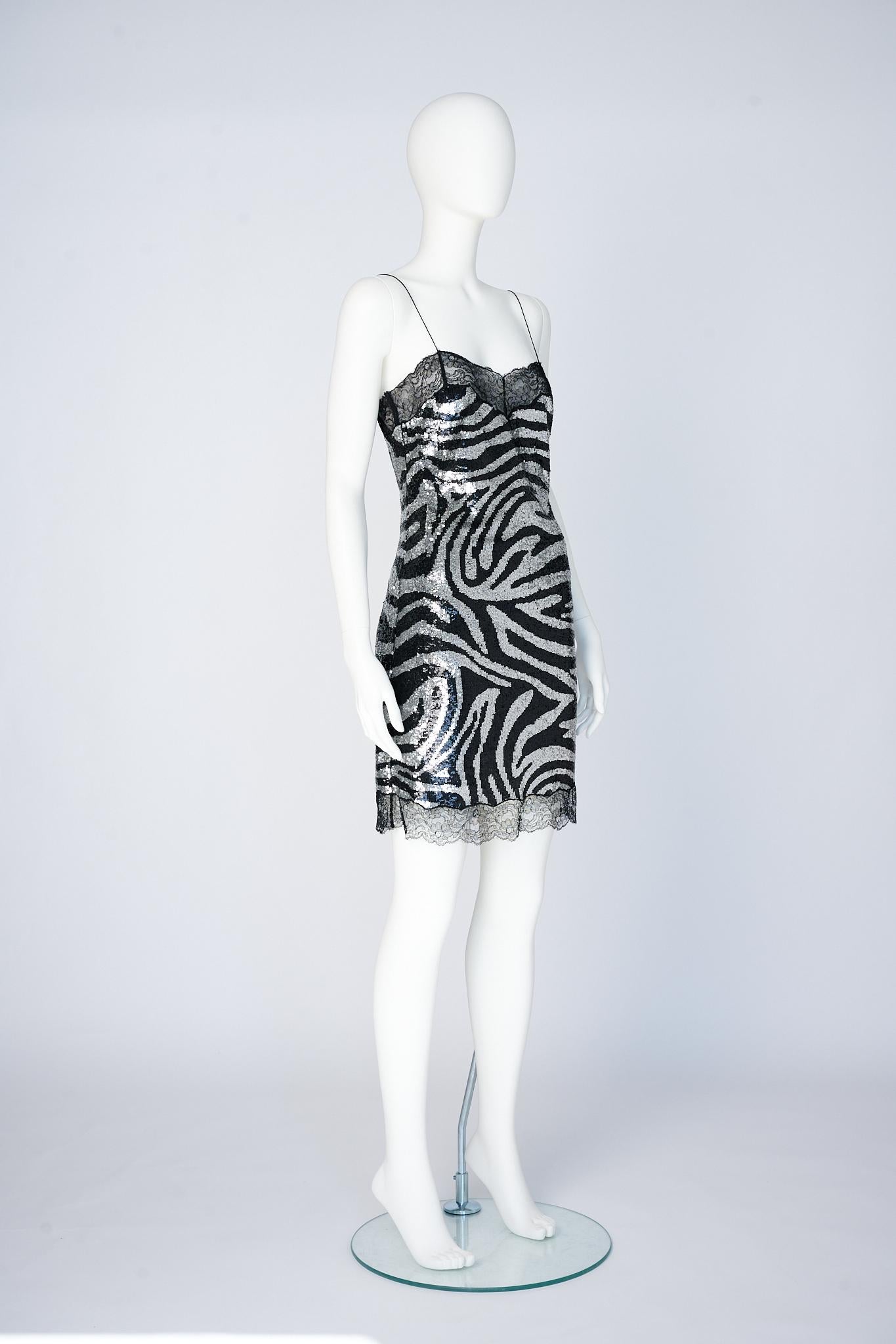 Celine By Michael Kors Runway Zebra Patterned Sequins & Lace Slip Dress, FW2003 For Sale 7