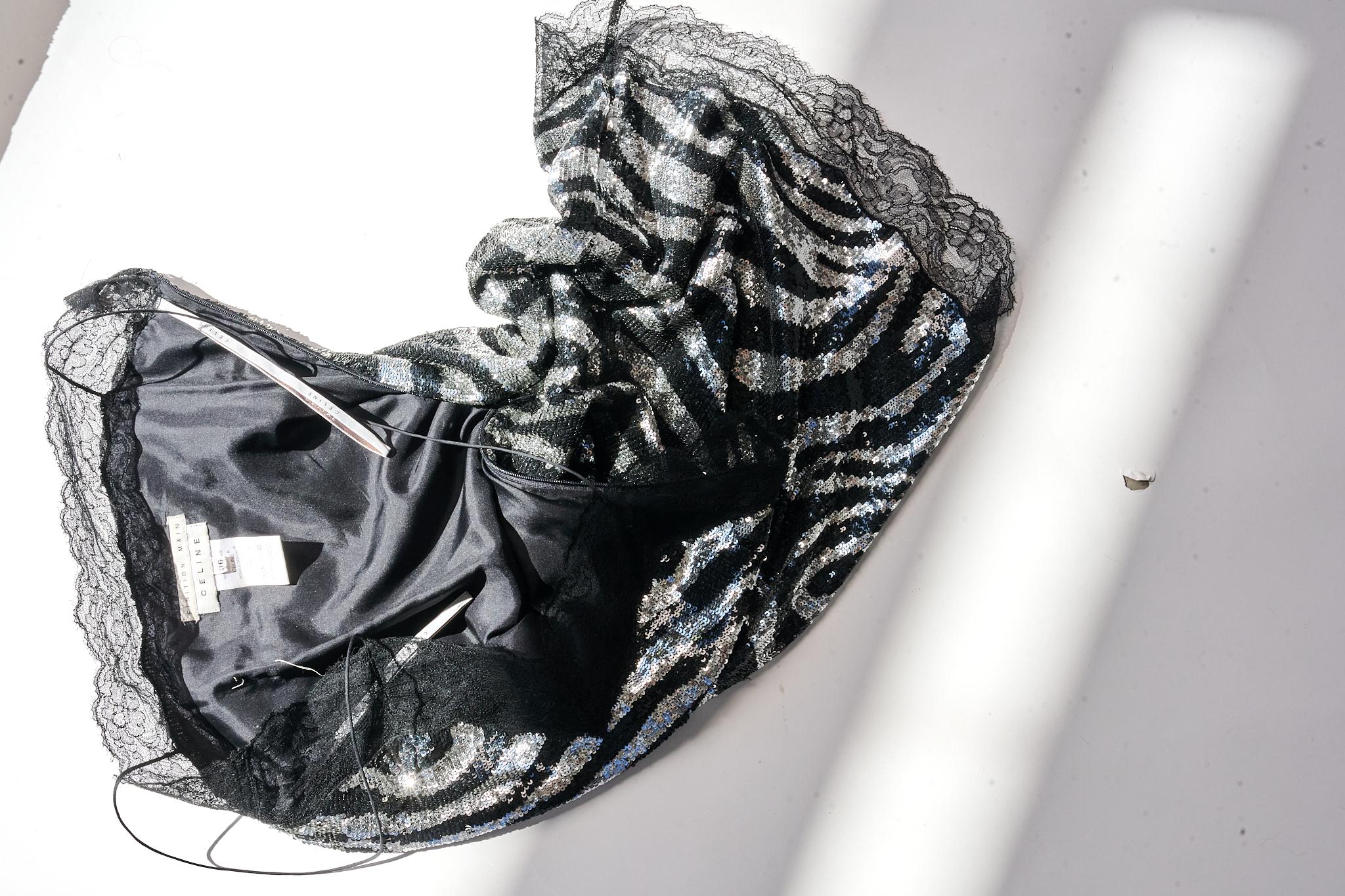 Celine By Michael Kors Runway Zebra Patterned Sequins & Lace Slip Dress, FW2003 For Sale 9