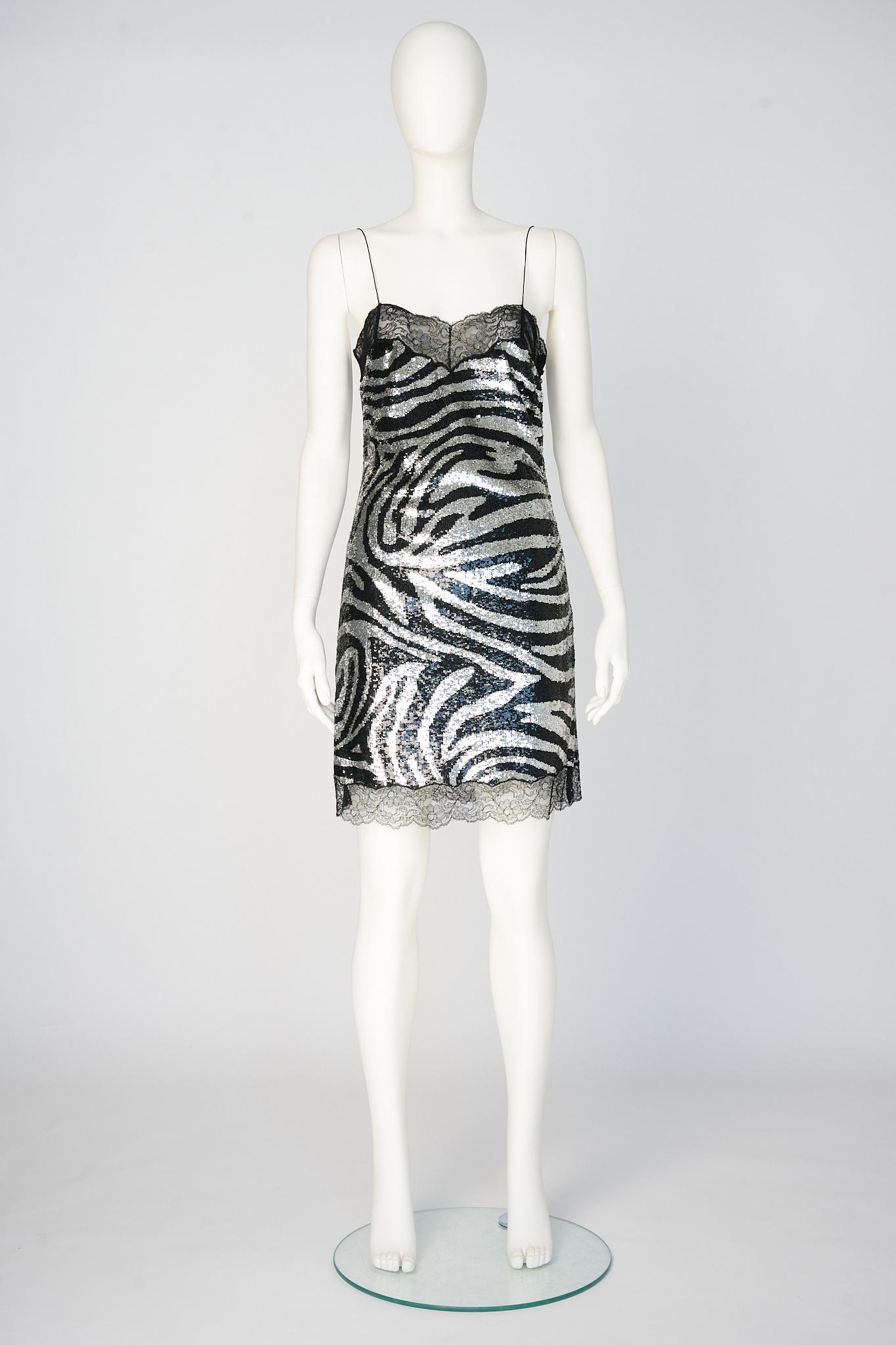 Celine By Michael Kors Runway Zebra Patterned Sequins & Lace Slip Dress, FW2003 In Good Condition For Sale In Geneva, CH