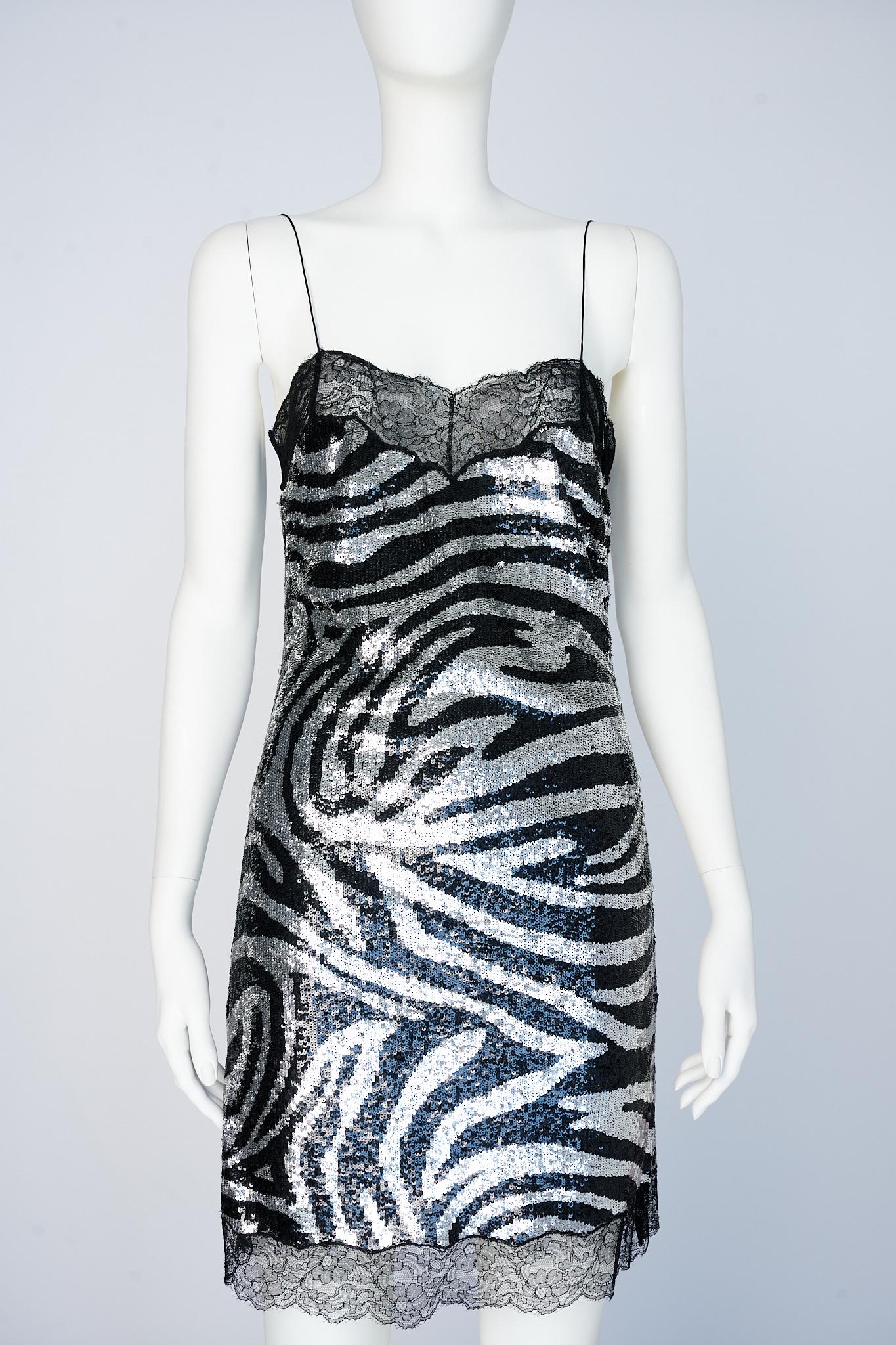 Women's Celine By Michael Kors Runway Zebra Patterned Sequins & Lace Slip Dress, FW2003 For Sale