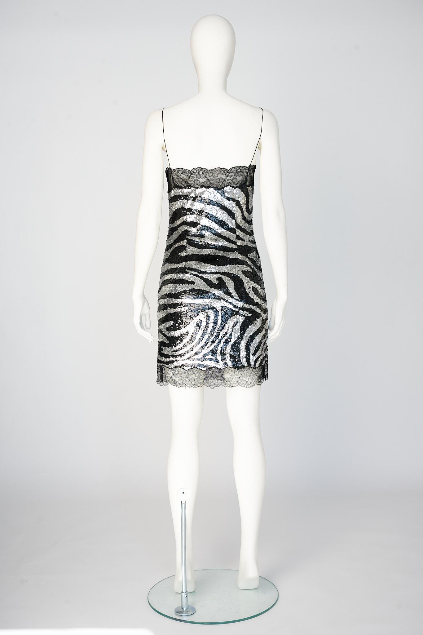 Celine By Michael Kors Runway Zebra Patterned Sequins & Lace Slip Dress, FW2003 For Sale 4