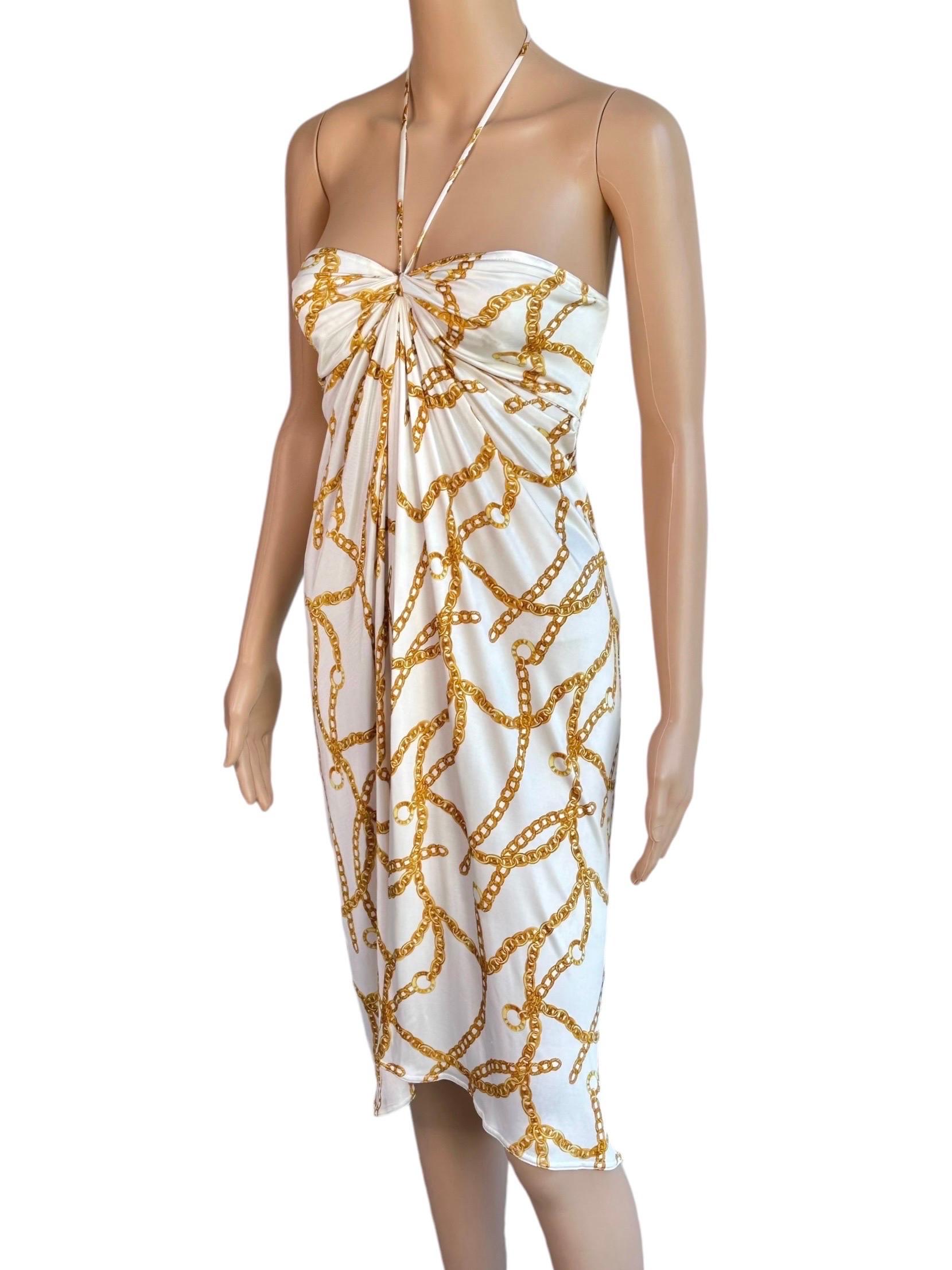 Celine by Michael Kors S/S 2004 Gold Chain Logo Print Halter Dress FR 36


