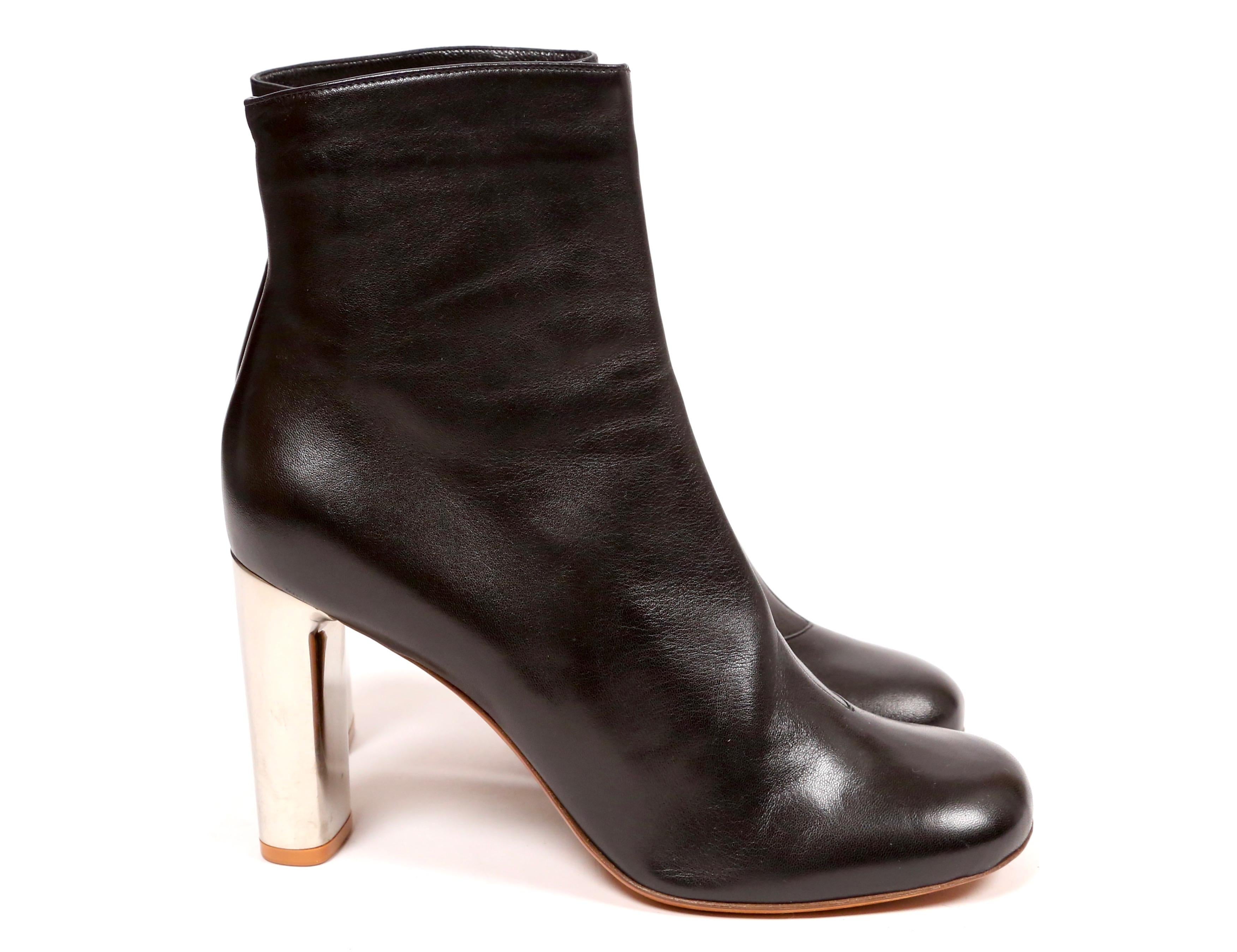 CELINE by PHOEBE PHILO black leather ankle boots with silver heels ...