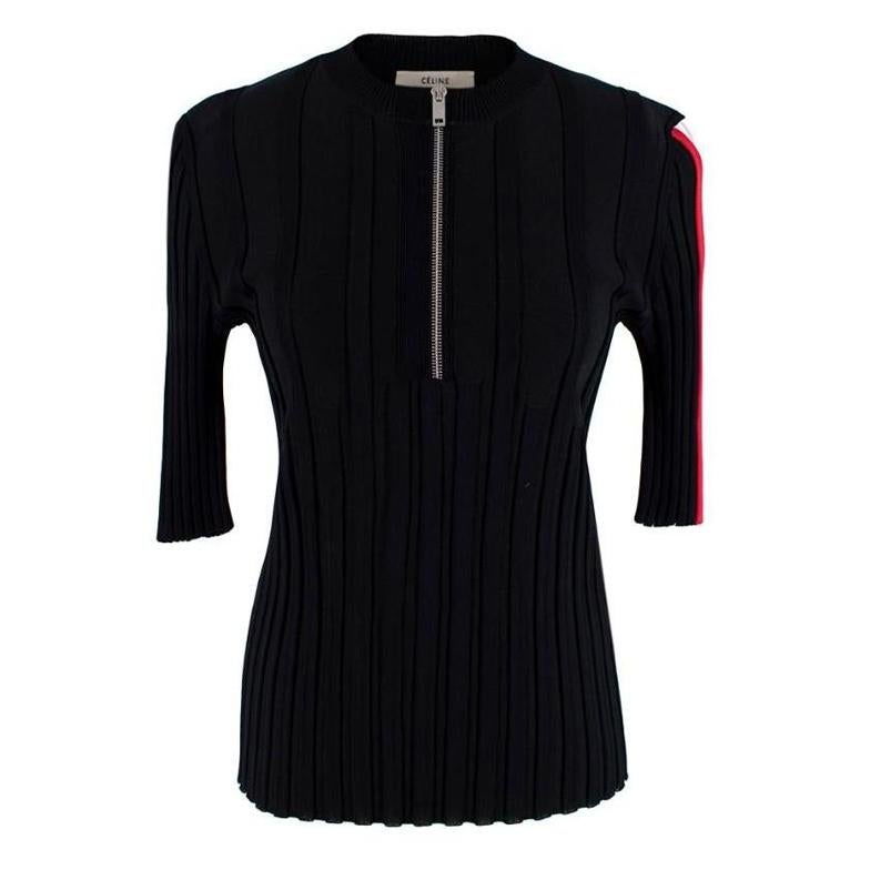 Celine By Phoebe Philo Black Stretch Jersey Ribbed Zip-Up Top - Size S 