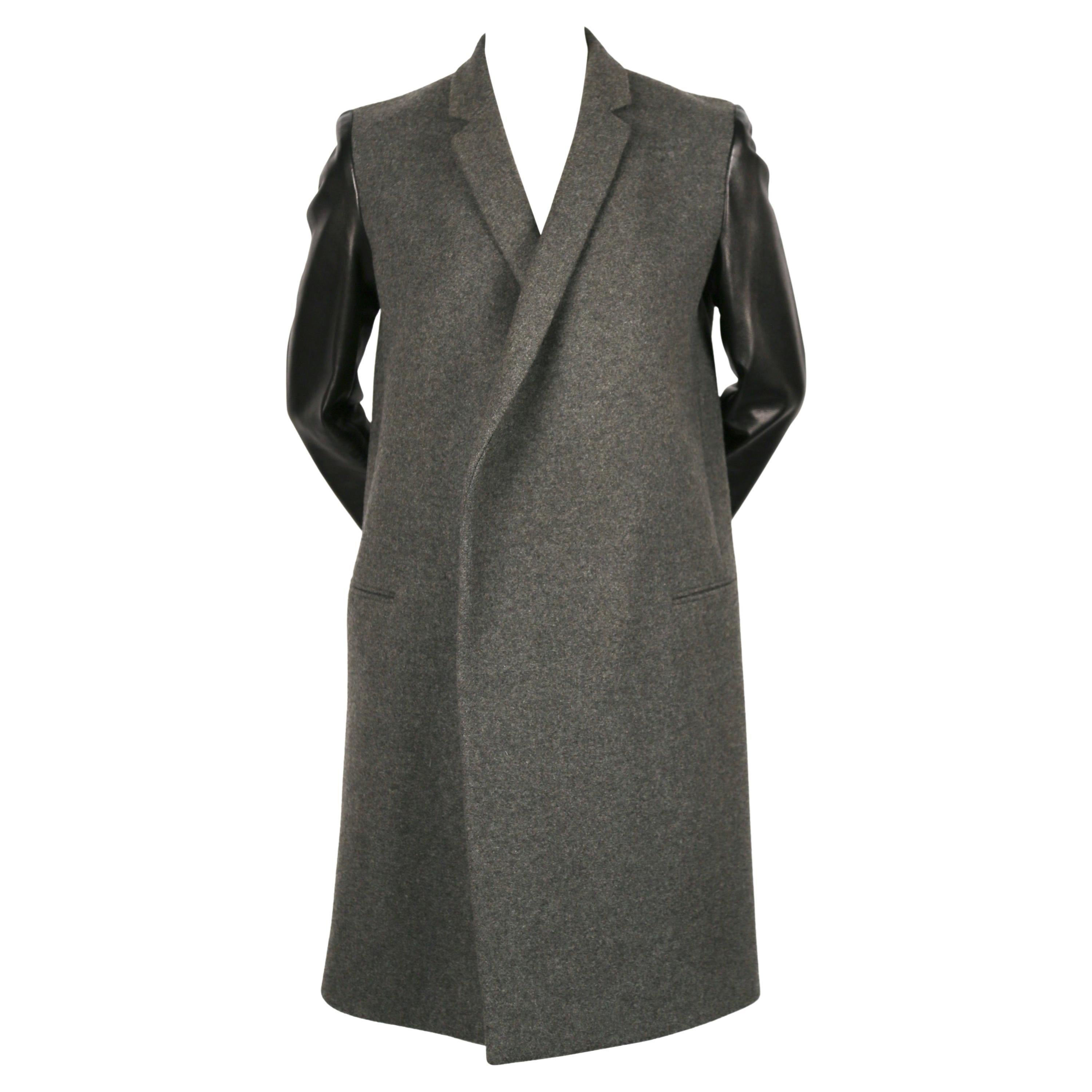 CELINE by PHOEBE PHILO charcoal grey black leather sleeve crombie coat For Sale