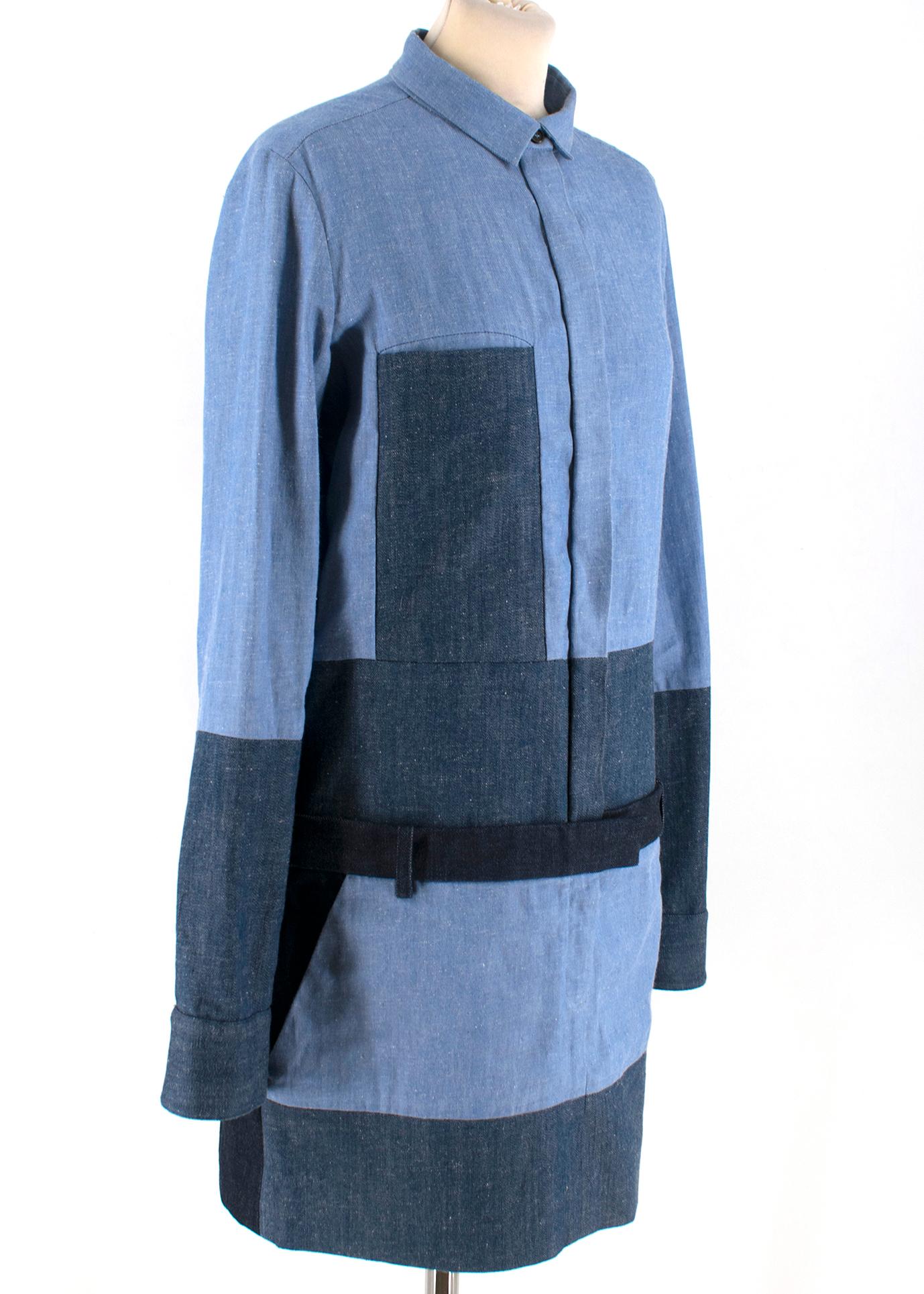 Celine by Phoebe Philo Denim Patchwork Mini Dress

3 working pockets 
Top front button closure 
Bottom front zipper closure

Measurements are taken laying flat, seam to seam. 
Approx. Sleeve length (from shoulder) 66cm
Waist 46cm
Hips 50cm
Full