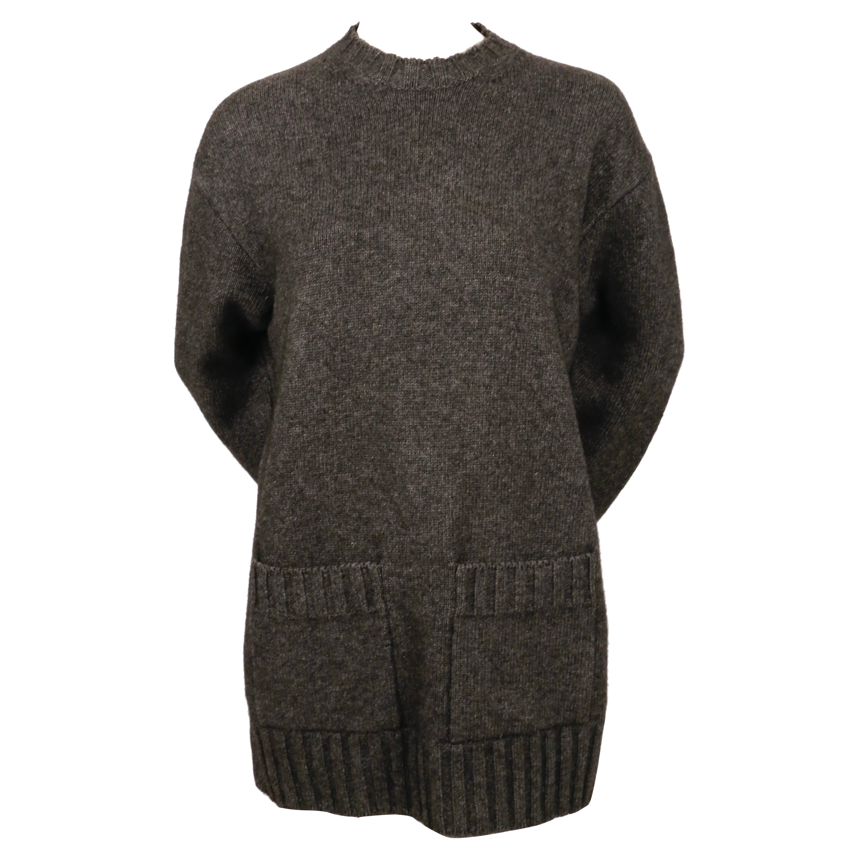 CELINE by PHOEBE PHILO marled dark grey sweater with patch pocket and split side For Sale