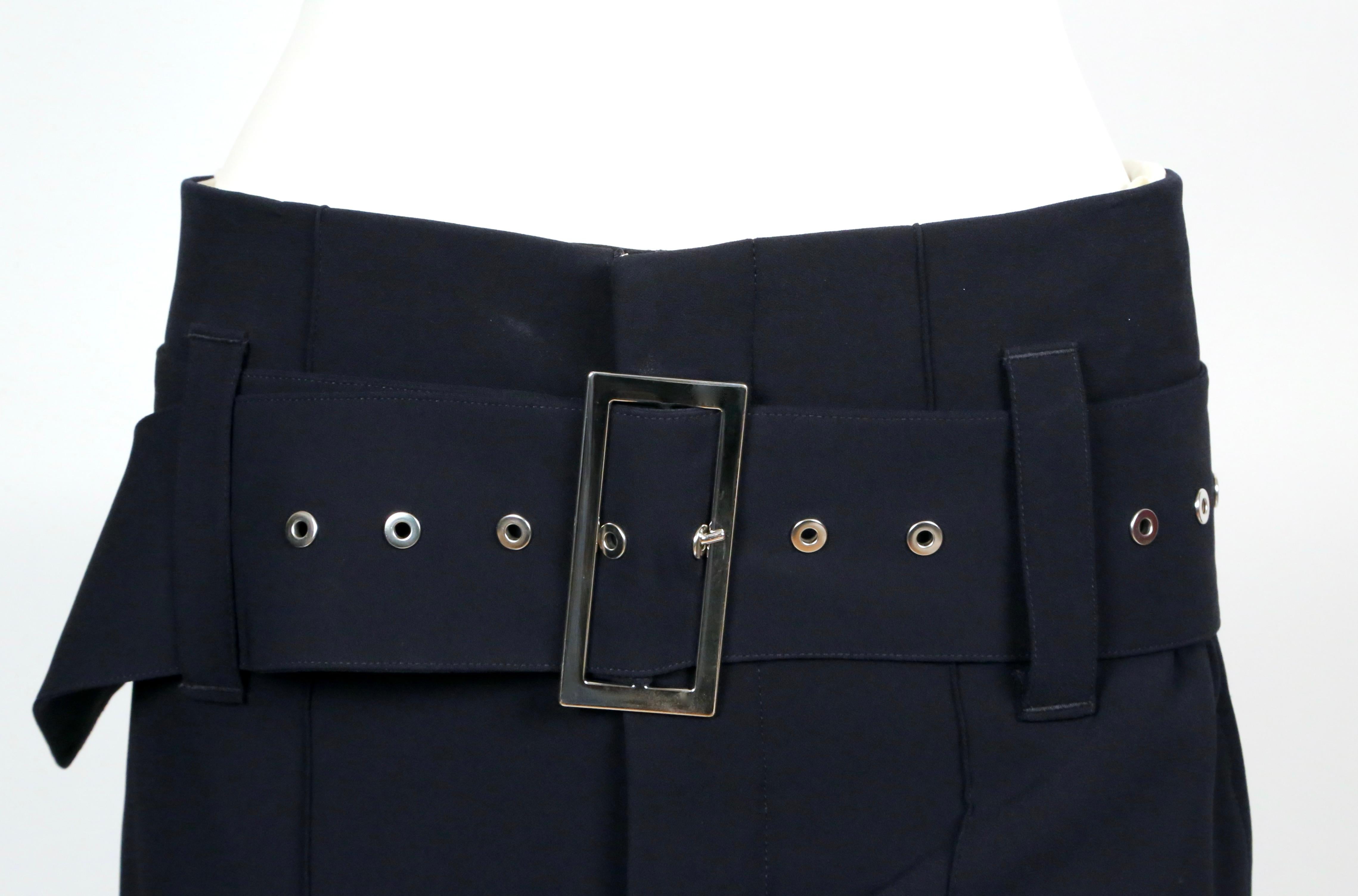 CELINE by PHOEBE PHILO navy blue pants with wide belt and contrast topstitching 1