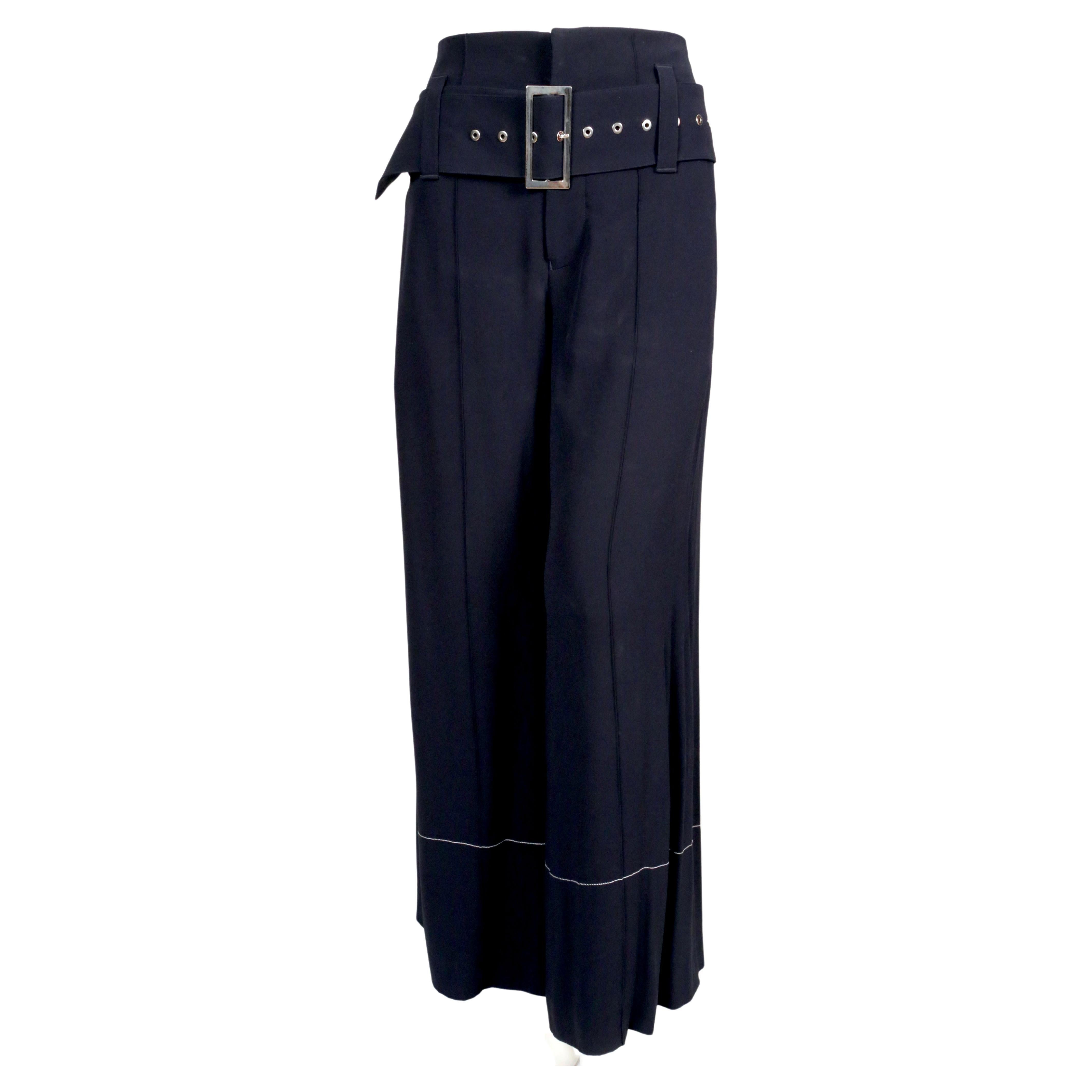 CELINE by PHOEBE PHILO navy blue pants with wide belt and contrast topstitching