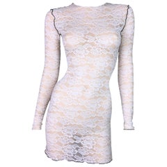 Celine by Phoebe Philo Sheer Ivory Lace w Black Trim L/S Mini Dress