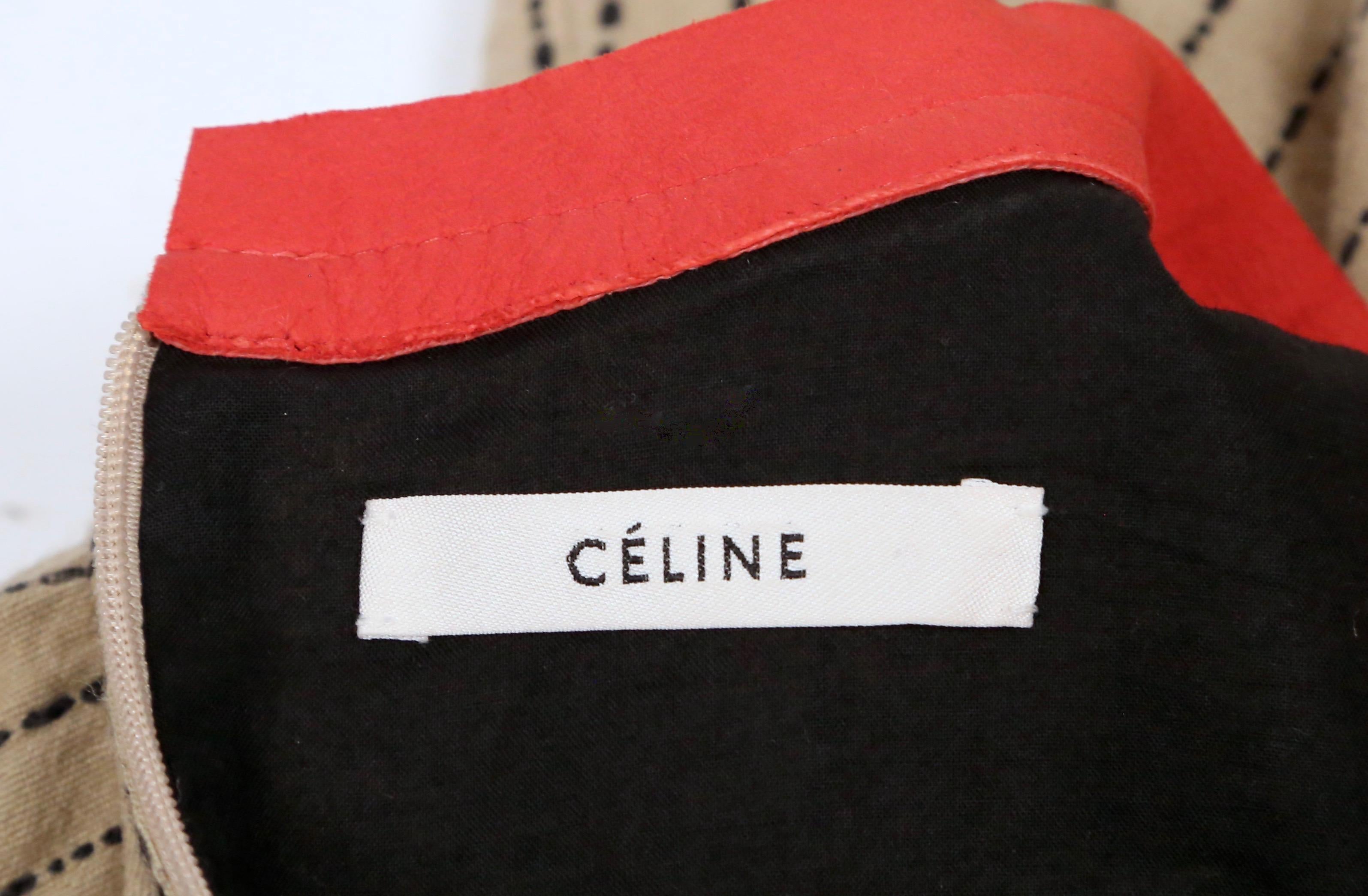 CELINE by PHOEBE PHILO tan striped linen dress with long ties & leather neckline In Excellent Condition In San Fransisco, CA