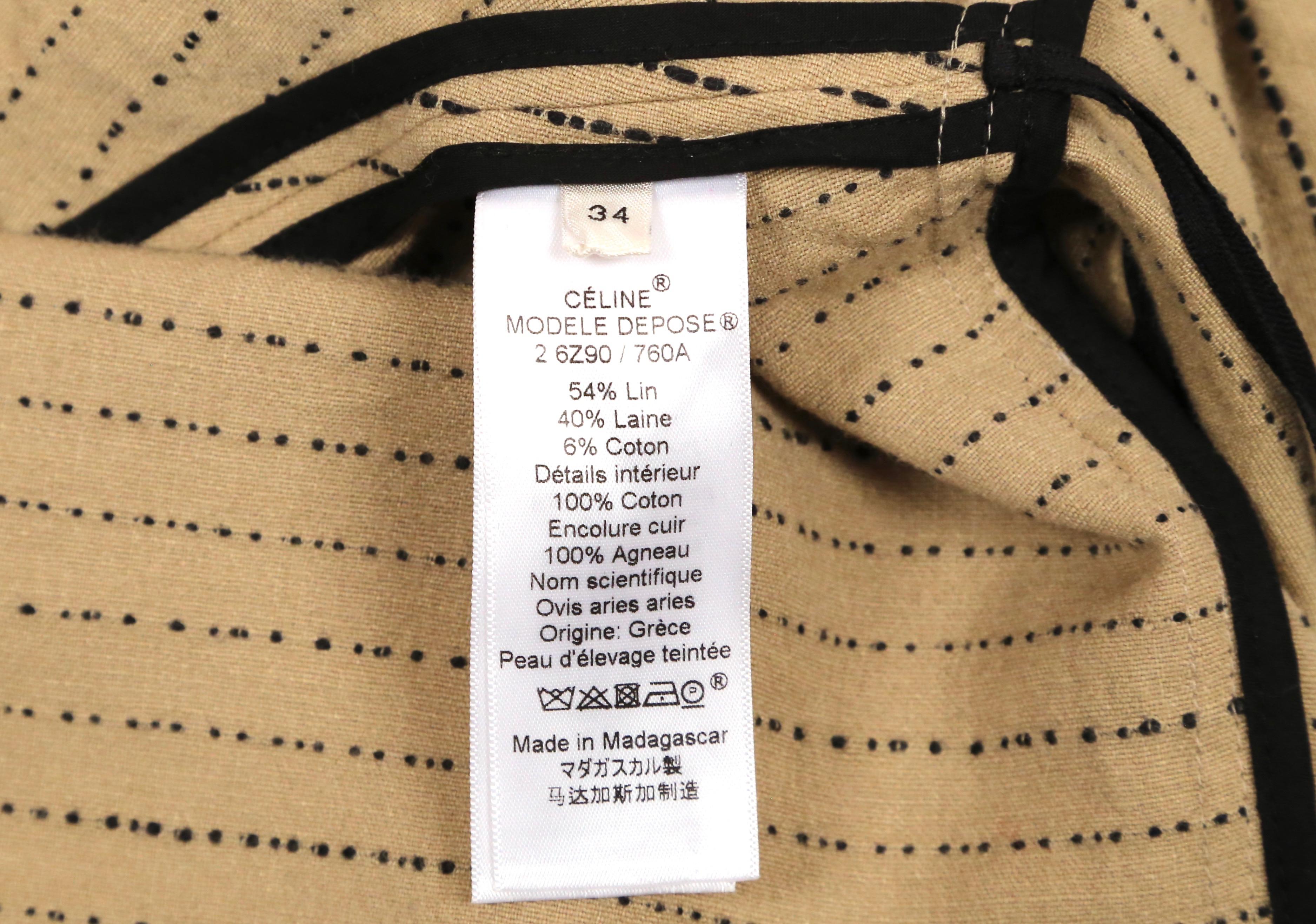Women's CELINE by PHOEBE PHILO tan striped linen dress with long ties & leather neckline