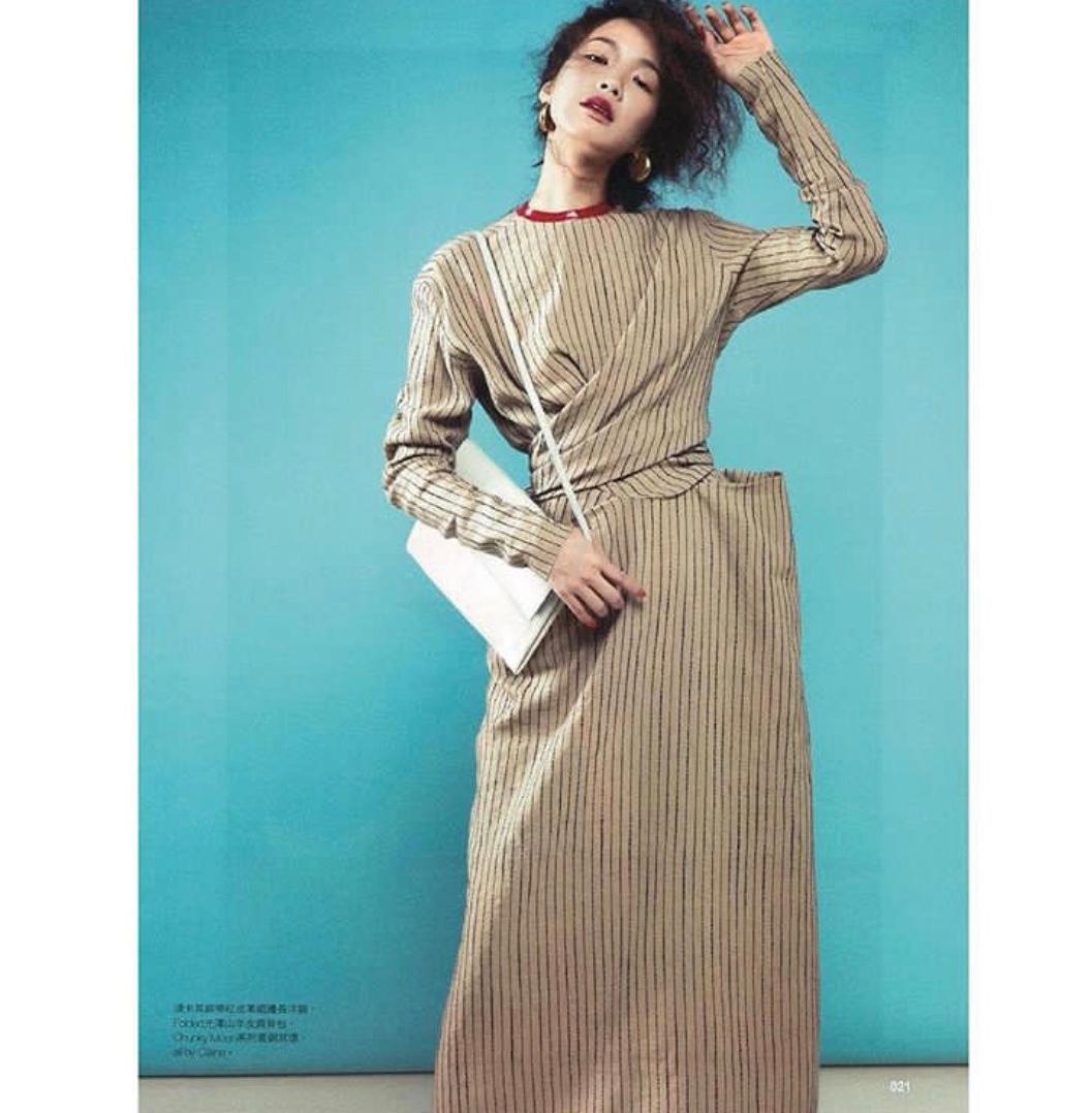 CELINE by PHOEBE PHILO tan striped linen dress with long ties & leather neckline 2
