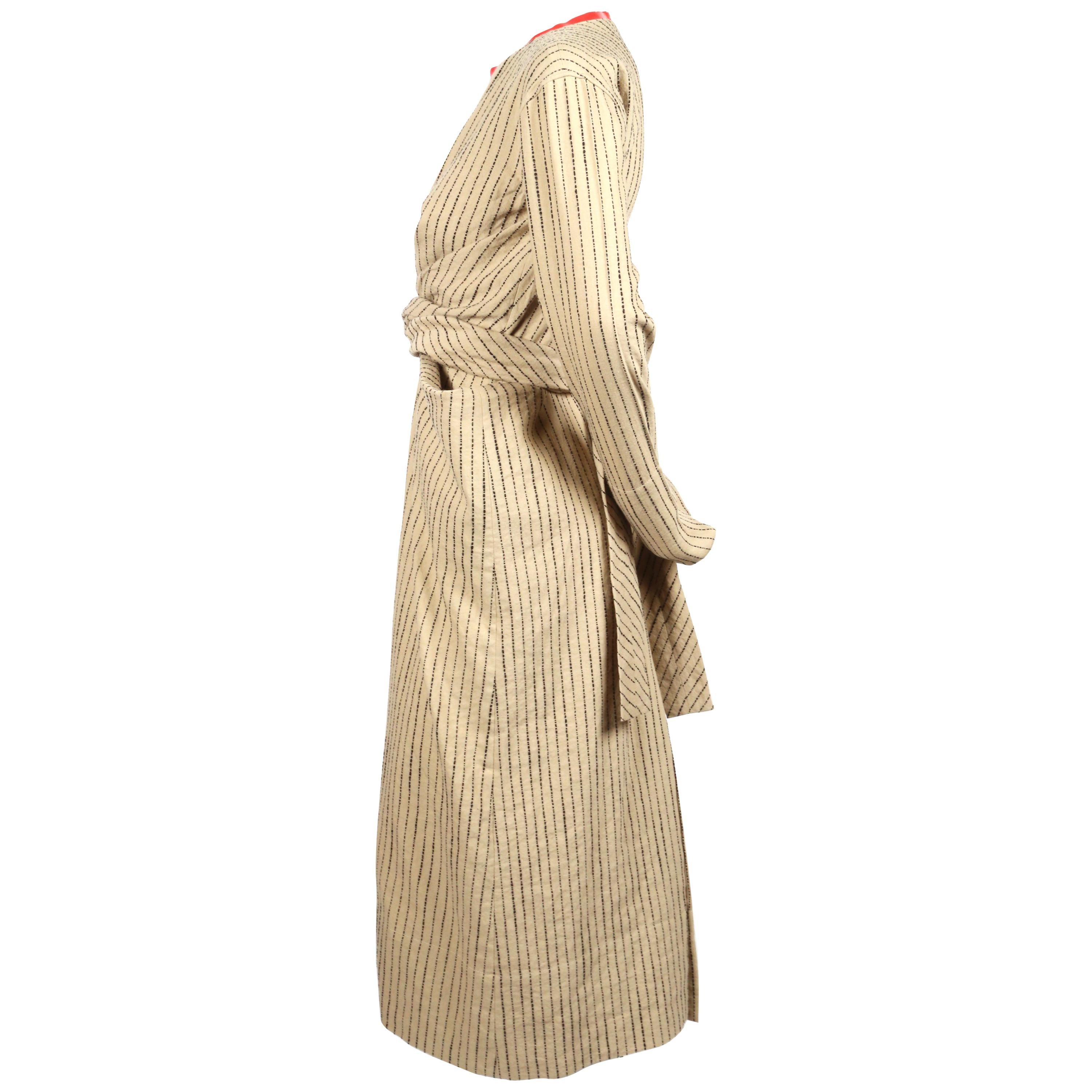 CELINE by PHOEBE PHILO tan striped linen dress with long ties & leather neckline 3