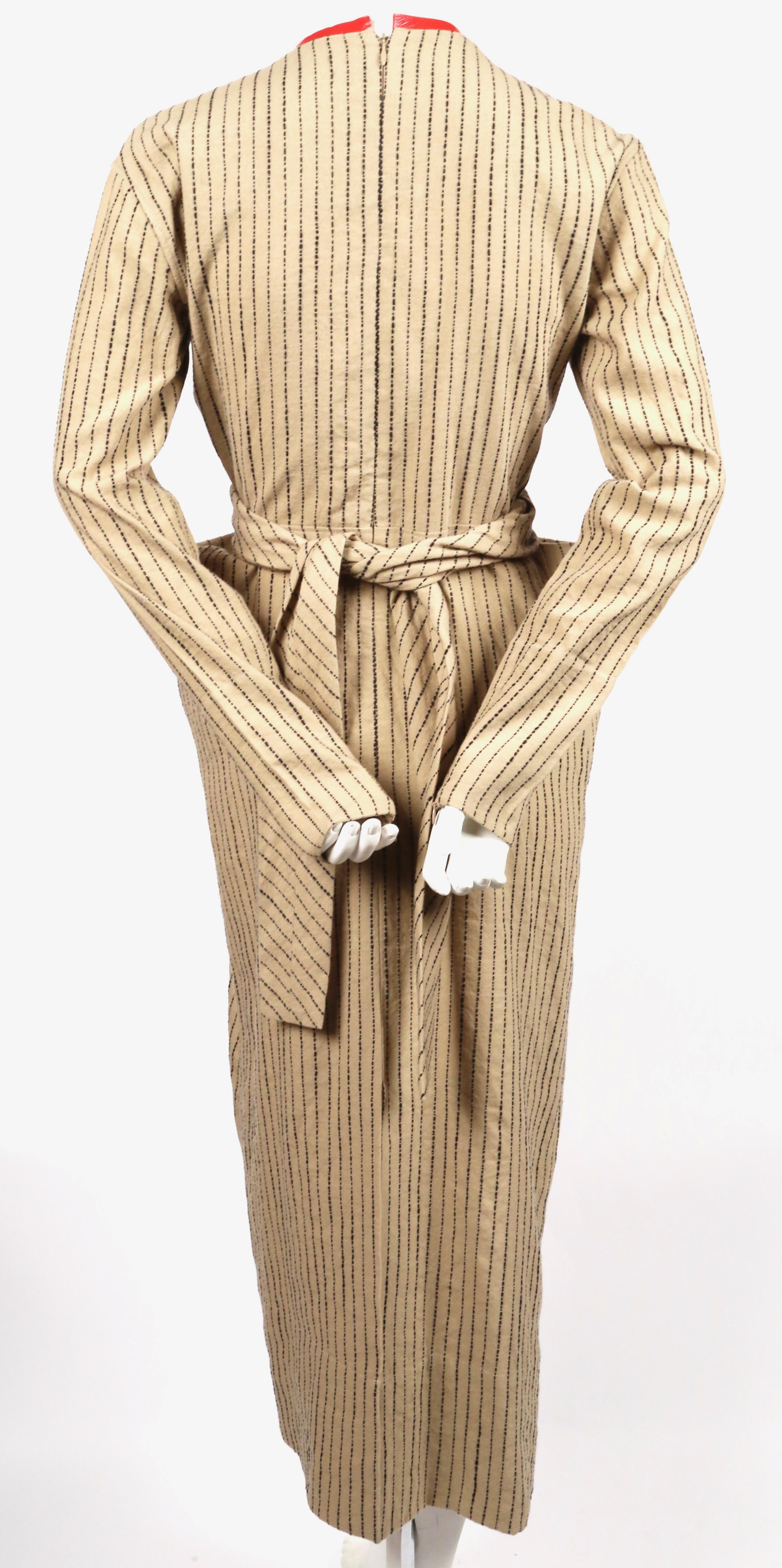 Beige CELINE by PHOEBE PHILO tan striped linen dress with long ties & leather neckline