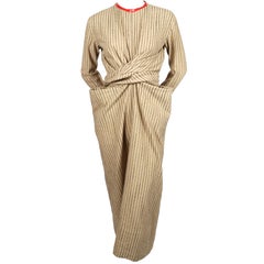CELINE by PHOEBE PHILO tan striped linen dress with long ties & leather neckline